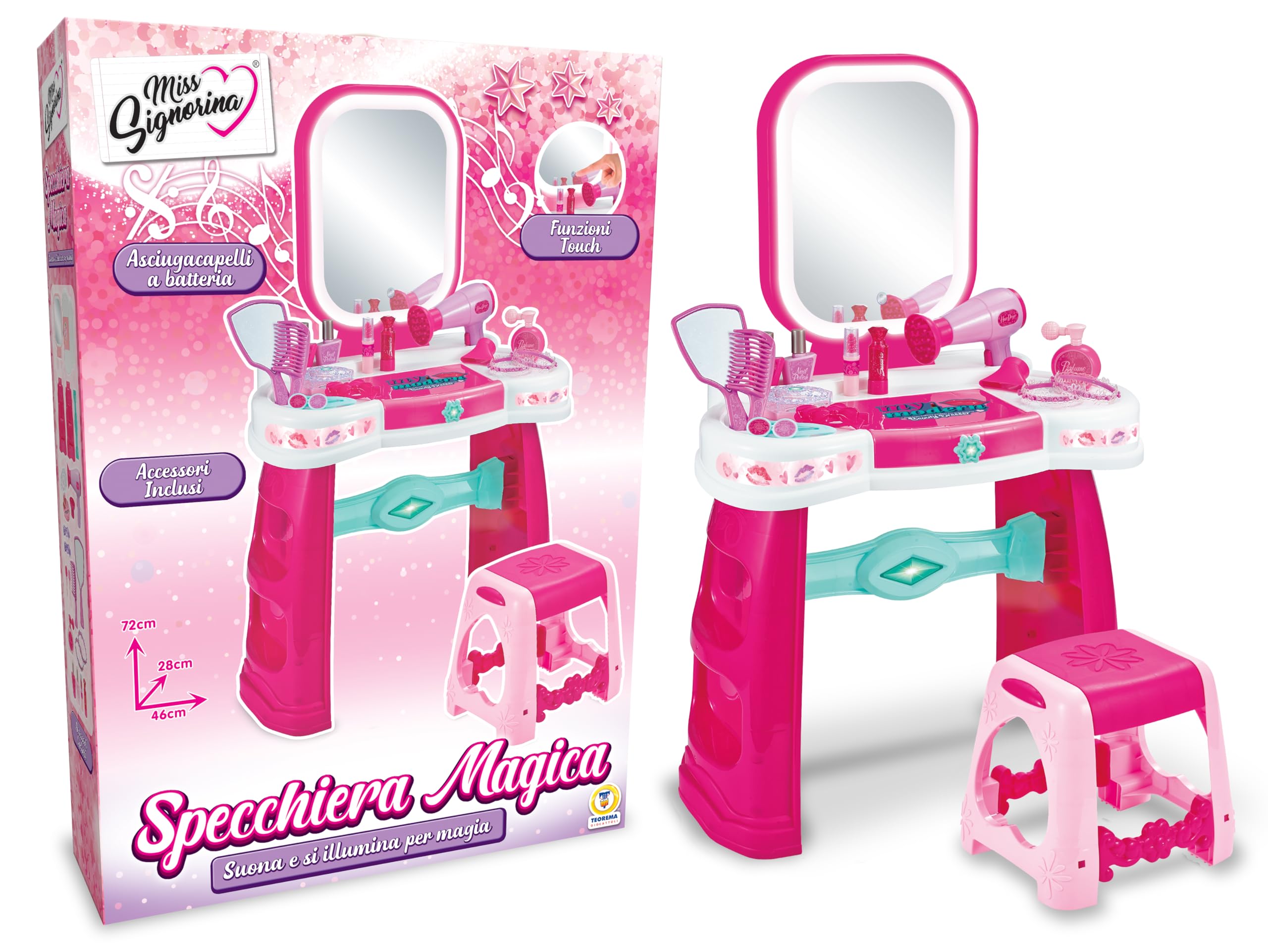 Teorema Giocattoli, Specchiera Magica Bambina con Sgabello, Postazione Trucco con Luci LED e Suoni Touch, Tavolo Trucco Interattivo, Asciugacapelli Funzionante a Batteria e Portagioie