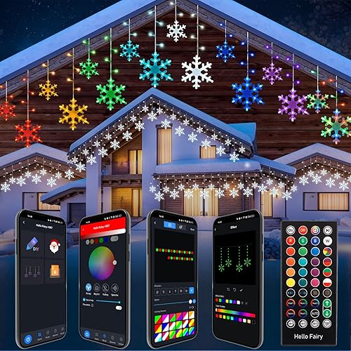 Luces inteligentes de carámbano de copo de nieve de Navidad, 16.4 pies, 192 LED, 16 gotas, control remoto con aplicación enchufable en 16 millones