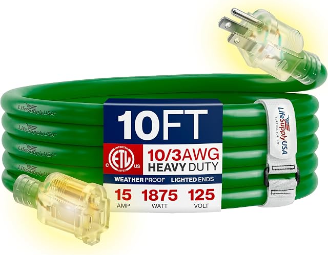 10ft Corde d'extension extérieure/intérieur 10/3 Gauge Ultra Lourds 3 Plonger SJTW, Imperméable, ETL Résistant au froid, Cord à longue puissance,15A 125V 1875W, Vert par LifeSupplyUSA