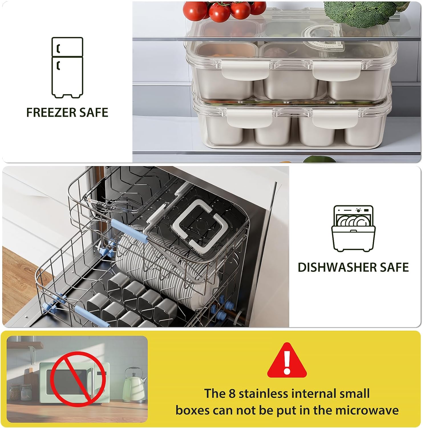 Snackle Box Container, Stainless Steel Divided Serving Tray with Lid and Handle, 8 Compartment Portable Snack Platters - Clear Storage Organizer for Fruit Candy Nuts Veggie - Perfect for Travel Party