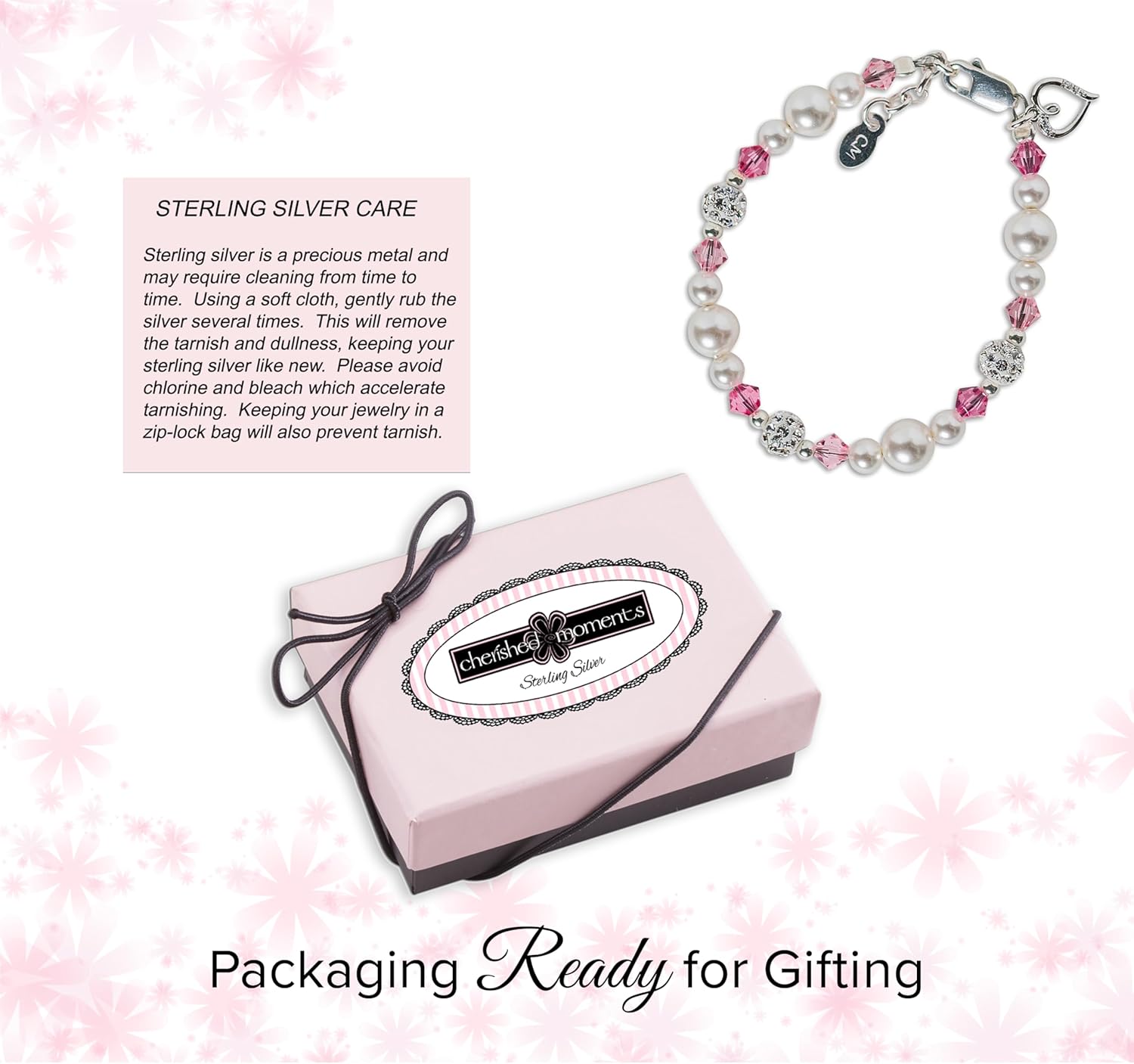 Cherished Moments 925 Sterling Silver Charm Bracelet for Babies, Toddlers, Kids or Little Girls with Simulated Pearls, Pink Crystals and Heart, Gift for Birthday or Granddaughter