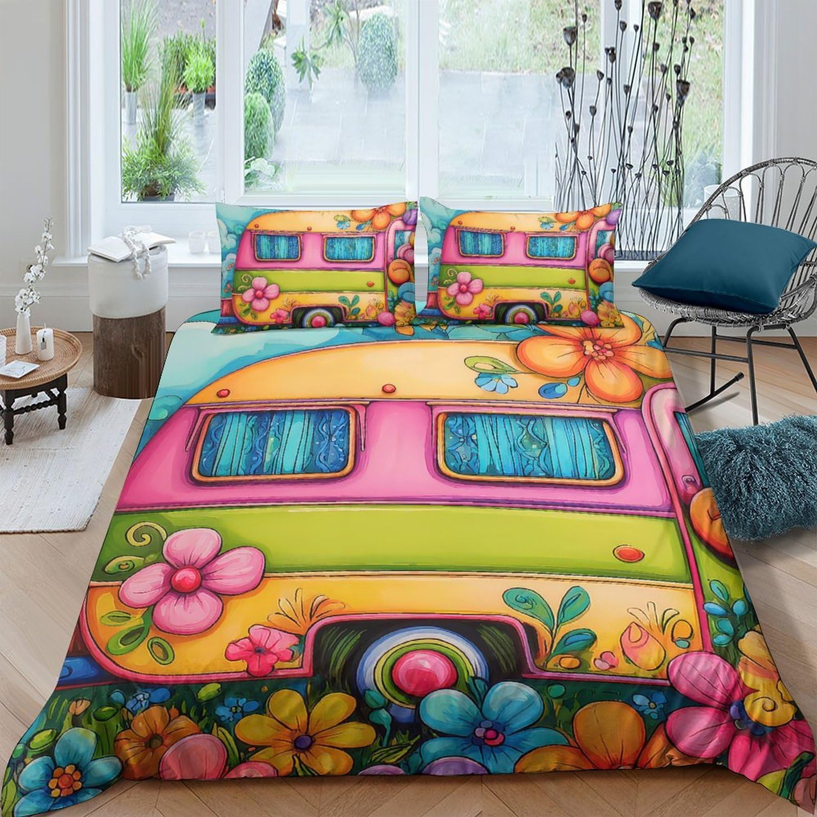 Ctjqhvkz Style-5 3D Printed Colorful Camper Fitted Sheet Microfiber Floral Rainbow Bed Cover For Bedroom Dorm Decor Single（135X200cm）