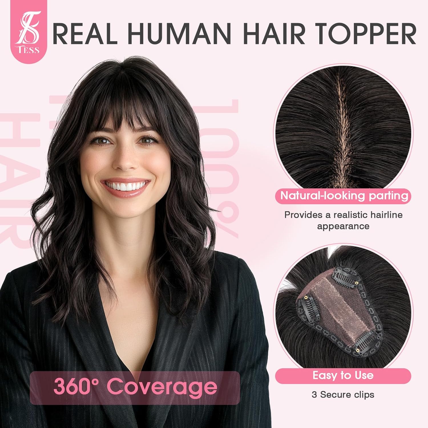 TESS Real Human Hair Topper for Women Clip In Bangs Handmade Lace Base 3 Clips Enhanced Coverage Stylish & Comfortable 8×10cm, 08 Inch, Nature Black