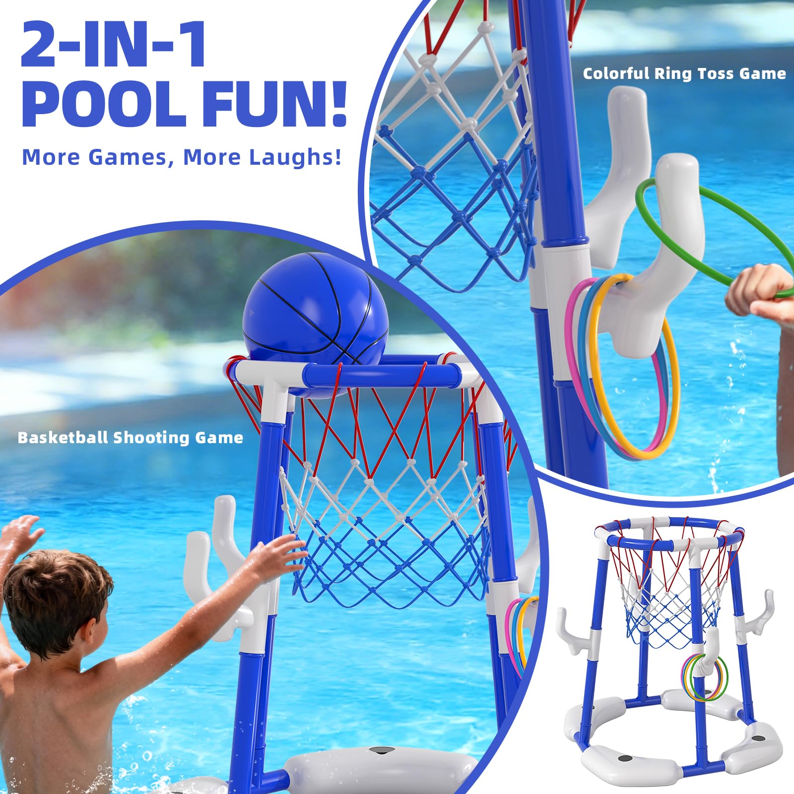 Pool Basketballkorb für Kinder 4-12 Jahre – 2-in-1 Schwimmendes & Oberirdisches Wasserspiel mit 4 Bällen, Pumpe
