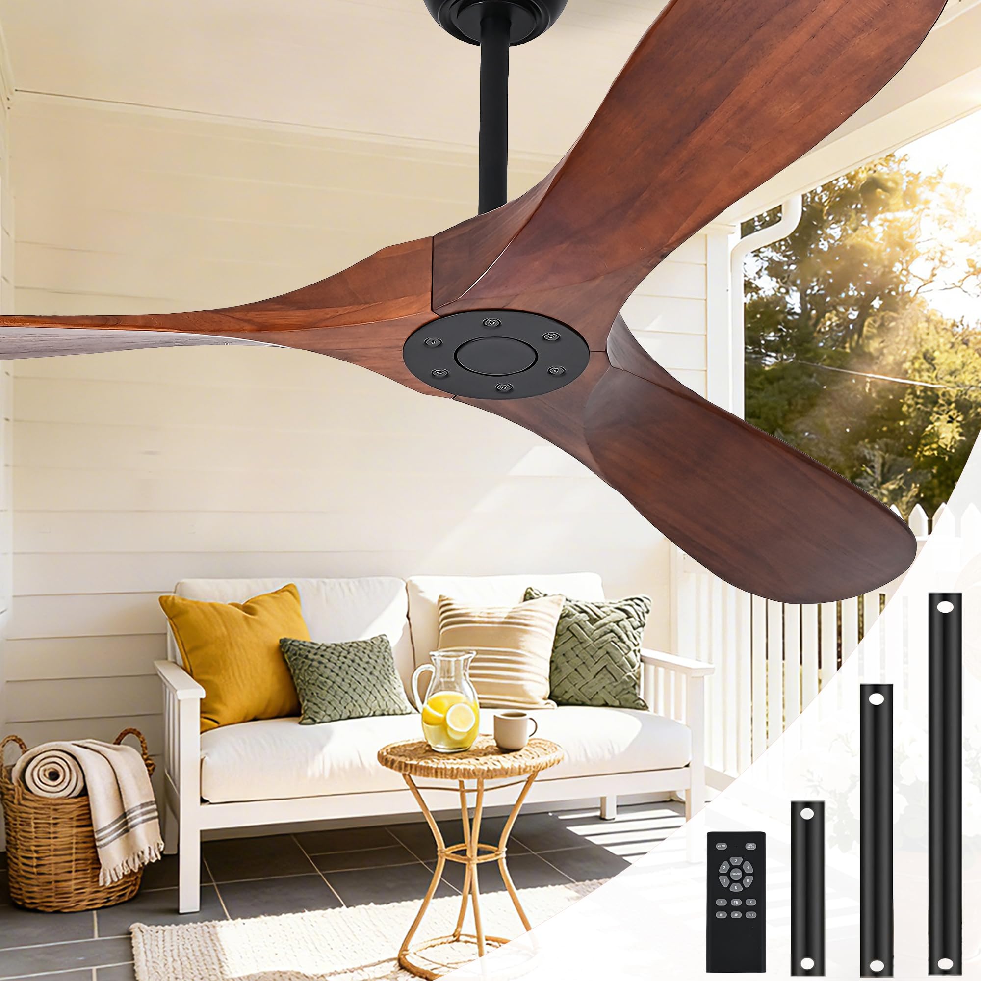 Zronon 52 Inch Ceiling Fan No Light, Wood Outdoor Ceiling Fans for Patios Living Room Bedroom, Indoor Modern 3 Blade Propeller Wet Rated Ceiling Fan