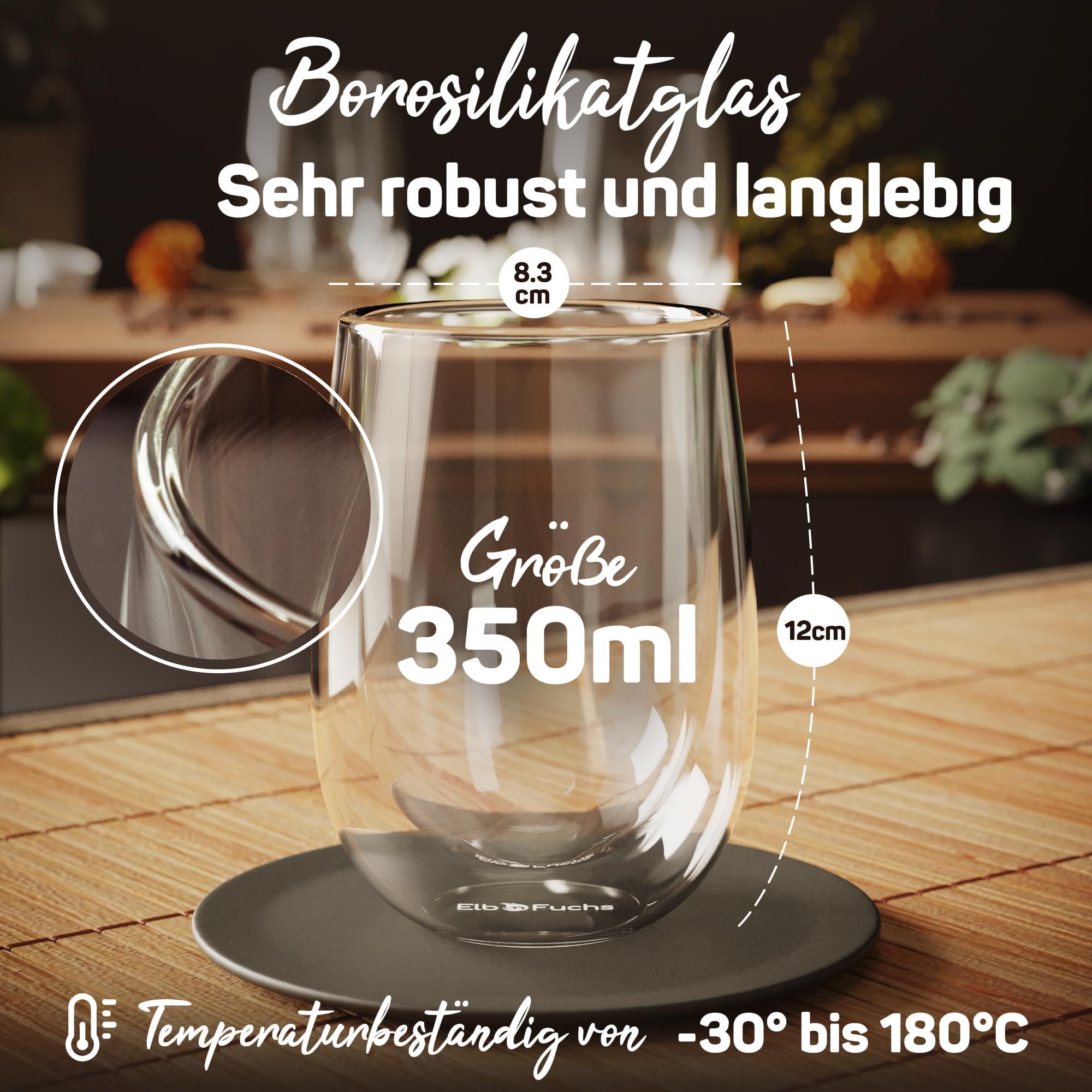 ElbFuchs® Doppelwandige Teegläser 4x 350ml & Teekanne 1,5 Liter mit Stövchen VIENNA | GESCHENKIDEE | Kristallklare Thermogläser doppelwandig | Ideal als Teeservice
