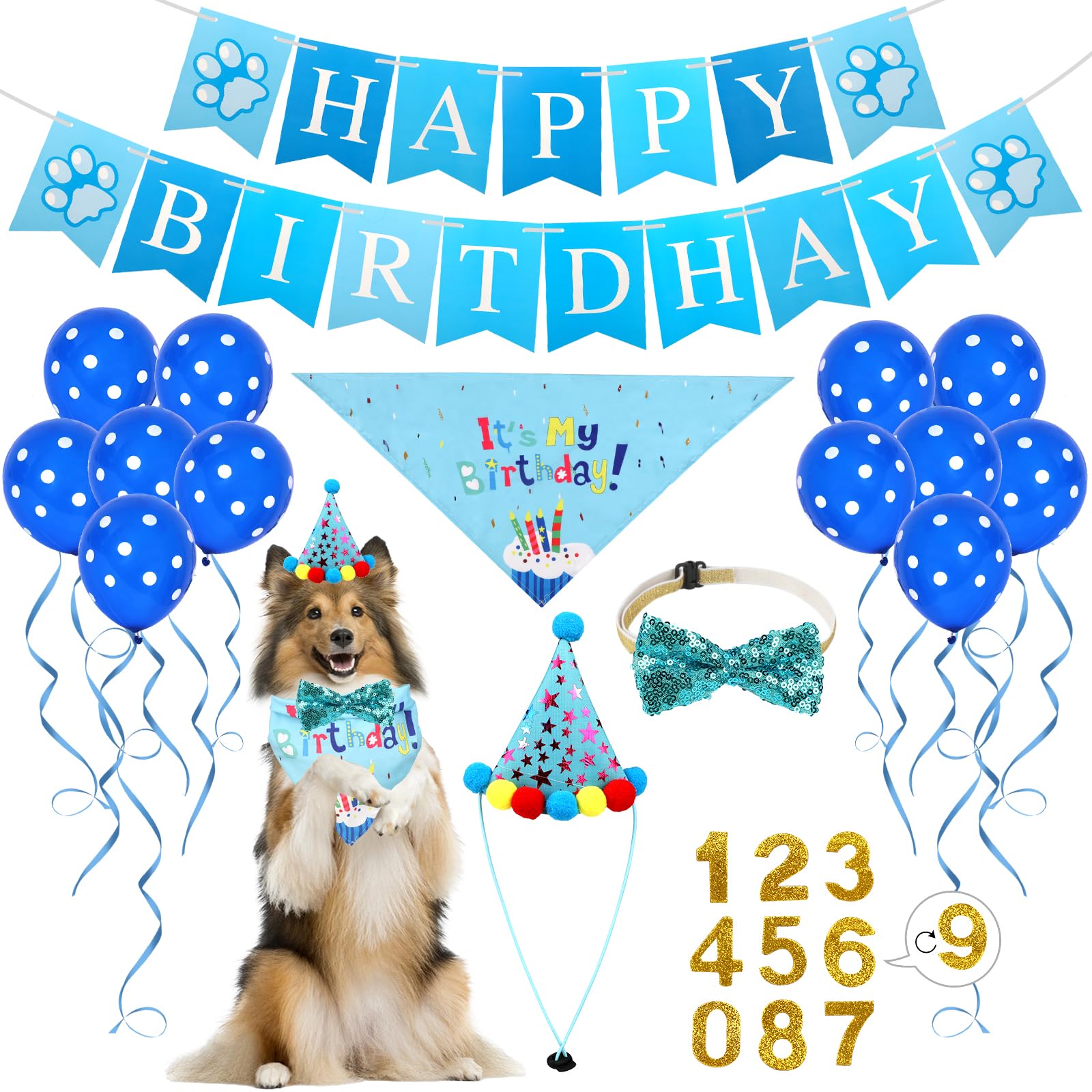 Dog Birthday Party Supplies,Adjustable Dog Bandana Set, Dog Boy Girl Birthday Hat, Banner, Balloons, Bow Tie and Numbers for Party Decorations Photos,