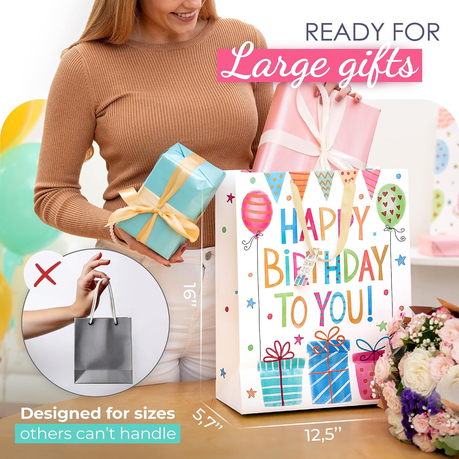 Craftorama 16" Extra Large Happy Birthday Gift Bags with Tissue Paper – Large Birthday Bags for Women, Kids, Boys, Girls, and Men – Festive Gift Bag with Matching Tags, Perfect for Presents (2 Pack)