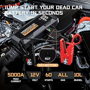 5000A Jump Starter Povasee A40 Car BatteryJump Starter, 12V Jump Box for Car Up to All Gas or 10L Diesel Engine Battery Jumper Starter Portable with 3" LCD Display Power Bank/Dual Output/LED Light