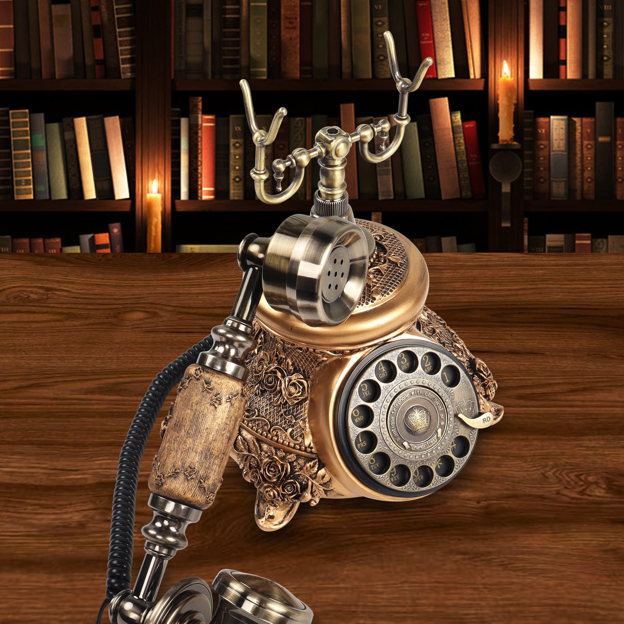 CERRXIAN Retro telefon stacjonarny gramofon, obrotowy antyczny telefon, żywica imitacja miedzi stały telefon dekoracja telefonu domowego biura telefon-miedziany kolor-109BS