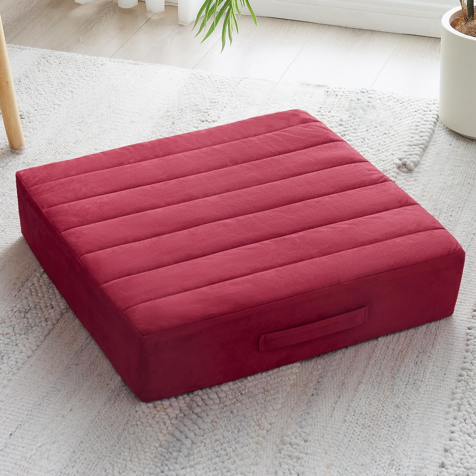 22 inches Floor Pillow For Adults - Large Meditation Cushion With Thick Foam & Soft Tufted Cover - Premium Outdoor Square Floor Cushion Seat - Yoga Pillows For Sitting On Floor - Burgundy