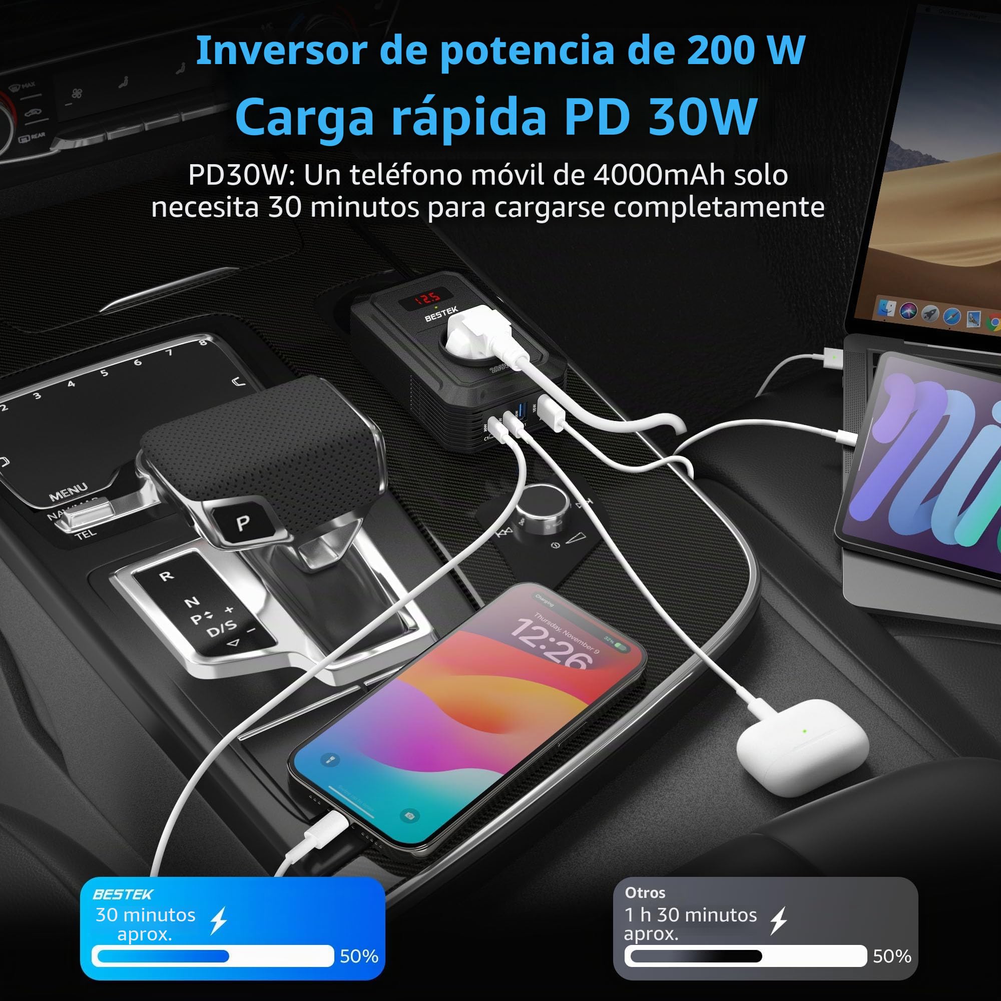 BESTEK Inversor 12v 220v Onda Pura 200W,Transformador 12V a 220V Convertidor Onda con 2 AC Tomas Y 2 USB-C (2 PD30 W) 2 USB-QC (18 W) sinusoidal con Protección para Barco,Caravana,Coche（Negro）