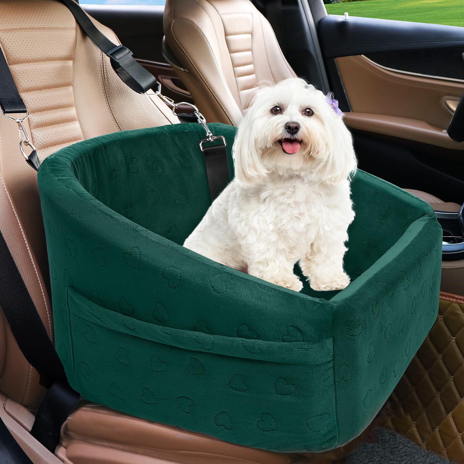 NEEZUKAR Dog Car Seat for Small Medium Dogs,Detachable Washable Dog Booster Seat Under 30lbs, Pet Car Seats Travel Bed with Storage Pockets and Safety Belt(Green)