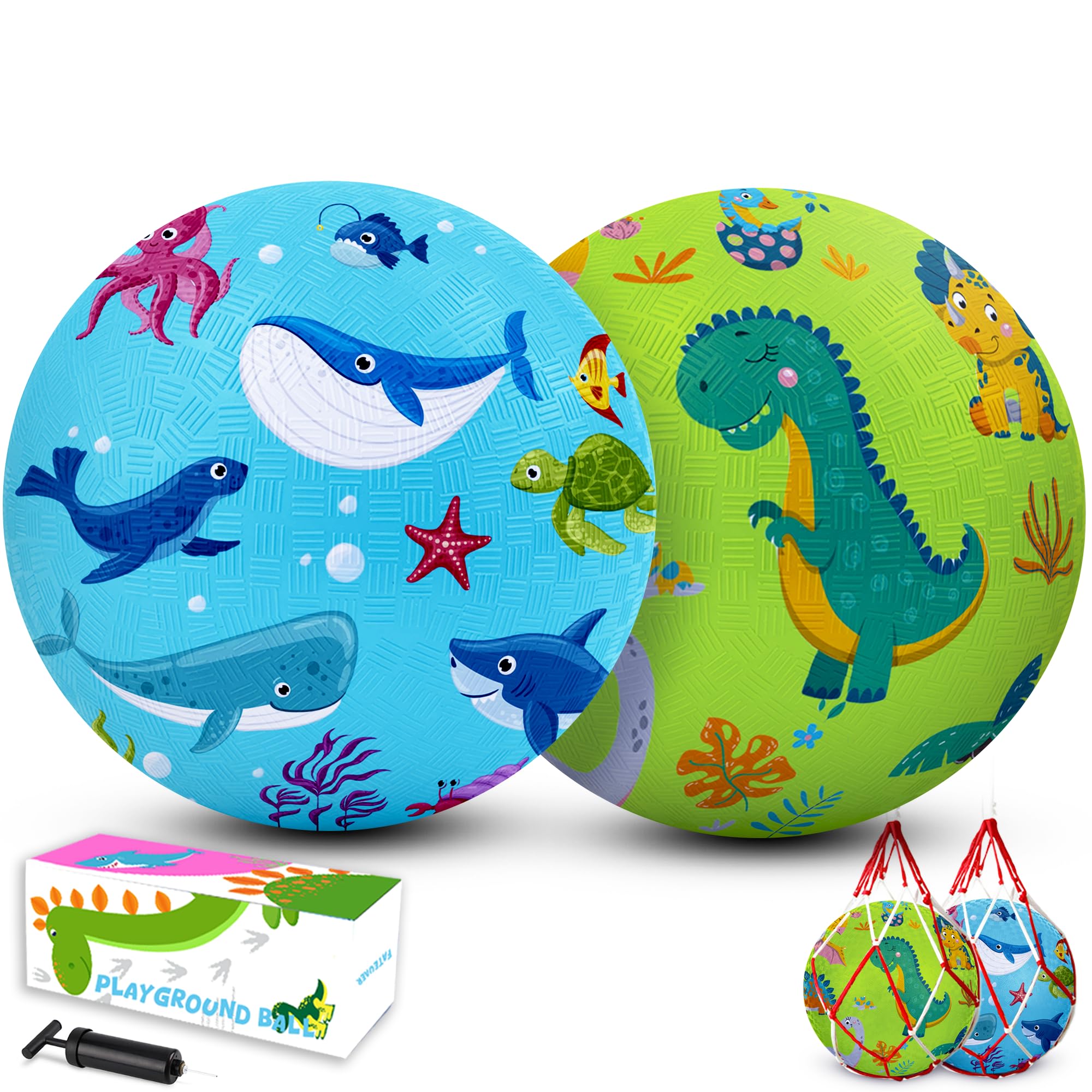 2 Pack Cartoon Kickball Set, 8.5 Inch Toddler Playground Balls, Bouncy Balls Ball for Kids Ages 3 and Up Gift, Dodgeballs Includes Pump and Storage