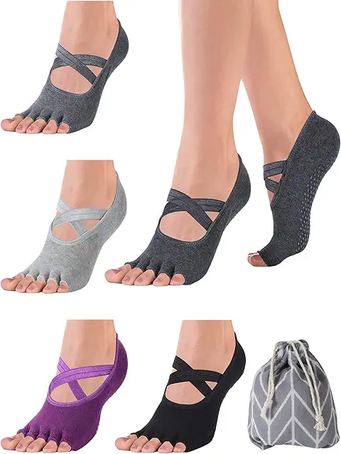 Calzini da Yoga Anti-Scivolo Senza Dito con Impugnature Mezzo Dito - 4 Paia