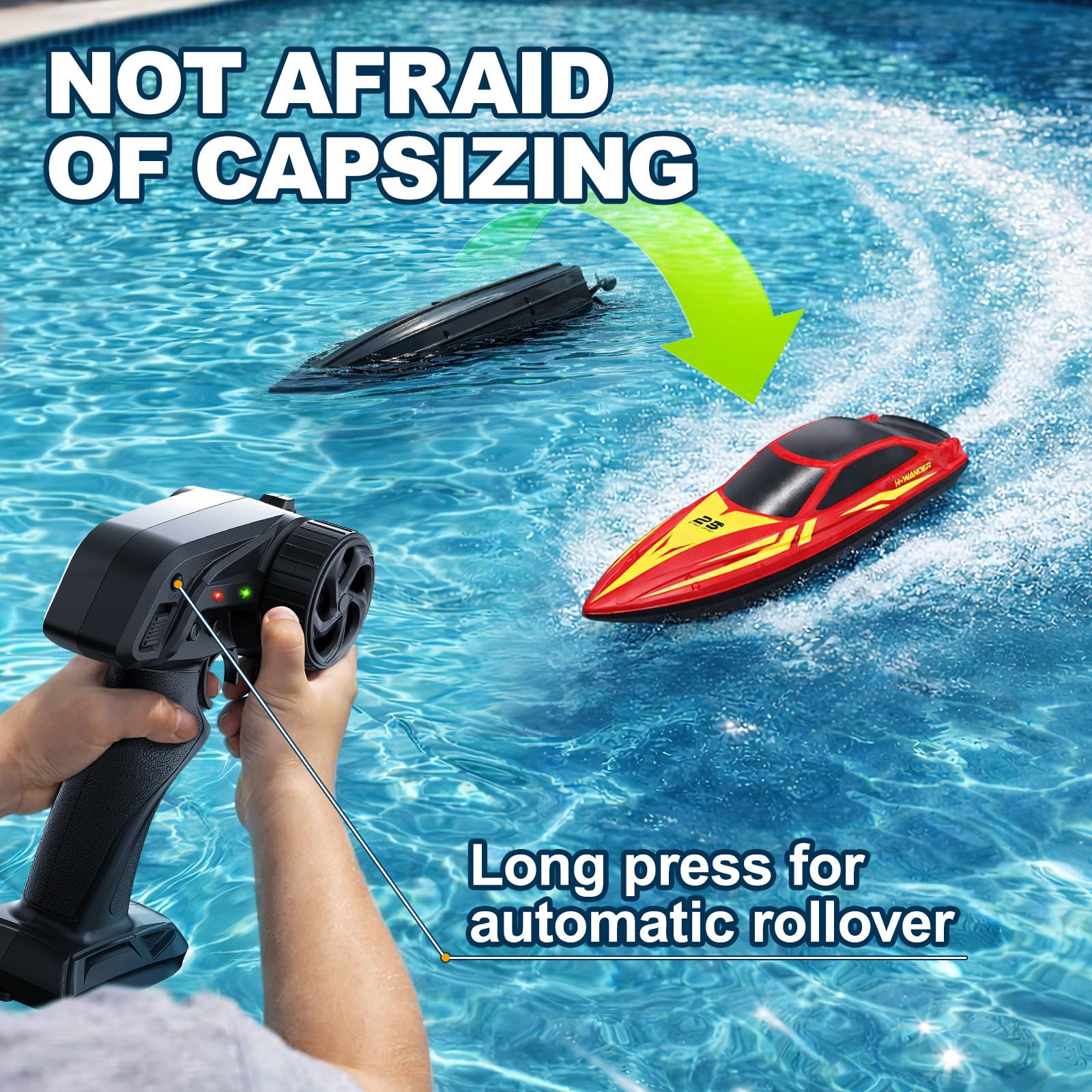 Barco Teledirigido RC con Luces LED 7 Modos,hasta 15 km/h, Control Remoto 2.4GHz, Auto Flip y Alerta de Batería Baja y Distancia,2 Baterías,Barco RC para Piscina y Lago,Regalo para Niños y Niñas.—Rojo