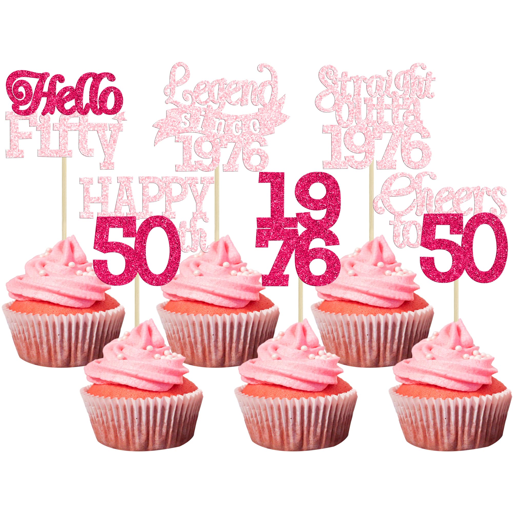 Gyufise 24Pcs Happy 50th Birthday Cupcake Toppers Hello Fifty Legend Since 1976 Cupcake Picks Cheers to 50 Years Cake Decorations for 50th Birthday Anniversary Party Supplies Pink Rose Red