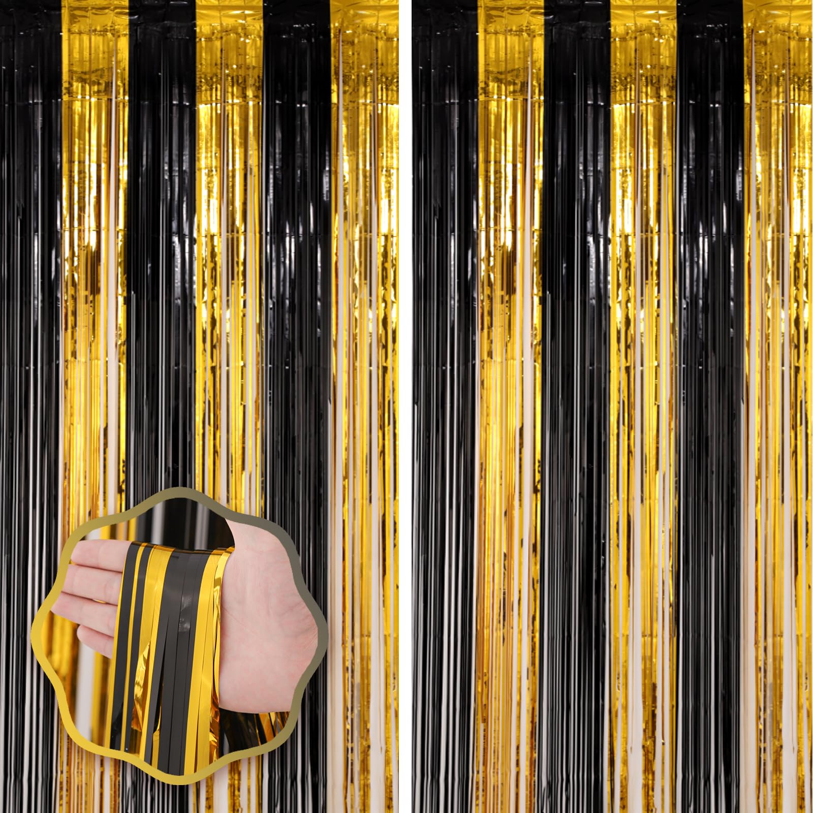 Voircoloria Black Gold Foil Fringe Backdrop Curtains,3.3x6.6ft, 2 Pack
