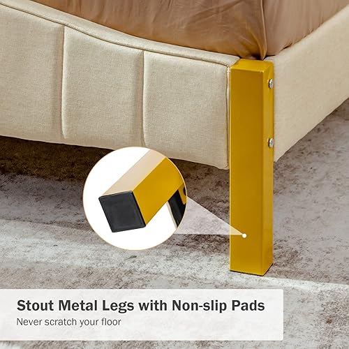 Miniatura 7 de Giantex Base de cama tapizada tamaño Queen, base de cama moderna con cabecera acolchada, base de colchón con soporte de listones de madera maciza,