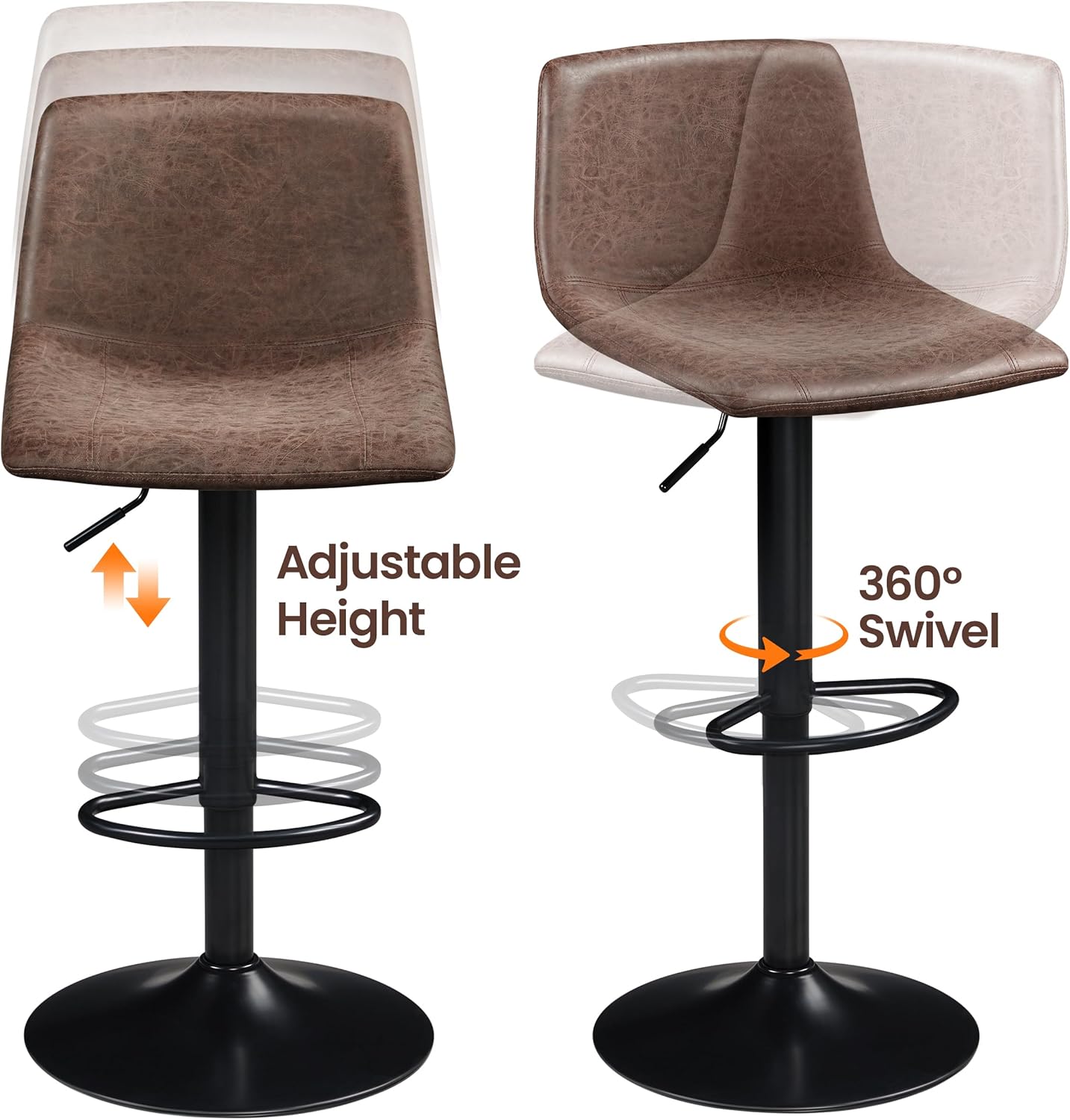 Image demonstrating adjustable height and 360-degree swivel function of the bar stool.