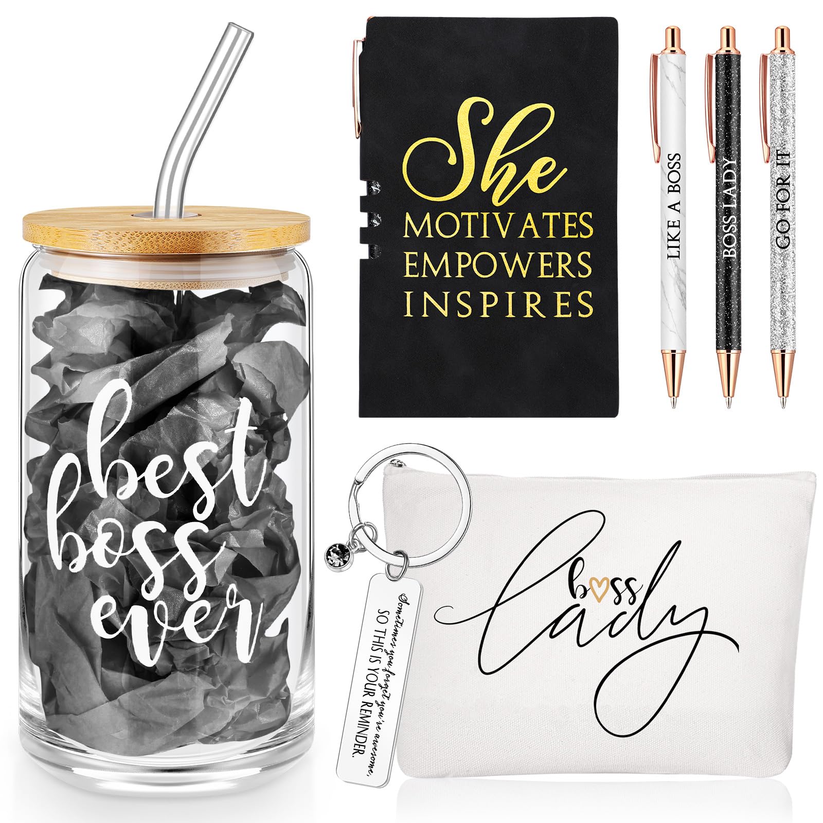 SiliFine 7 Pcs Boss Day Gift Sets Lady Thank You Gifts for Women Best Boss 16oz Glass Cup Makeup Bag Keychain A6 Notepad with 3 Ballpoints Pen Lady