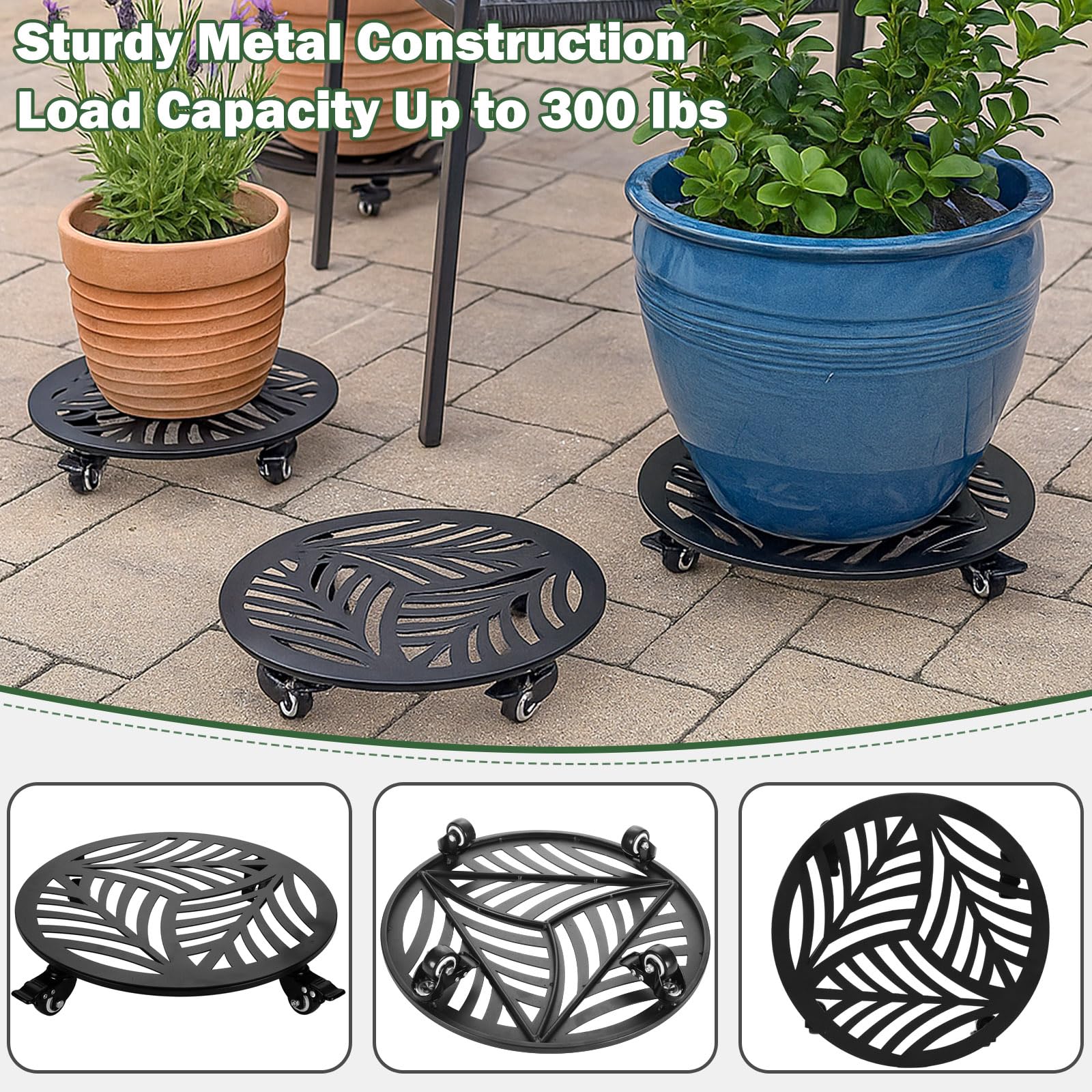 2 paquetes de 16 pulgadas de metal extragrande para plantas con ruedas, soporte de hierro resistente con ruedas, para interiores y exteriores, base de rodillo, para mover macetas, carrito de