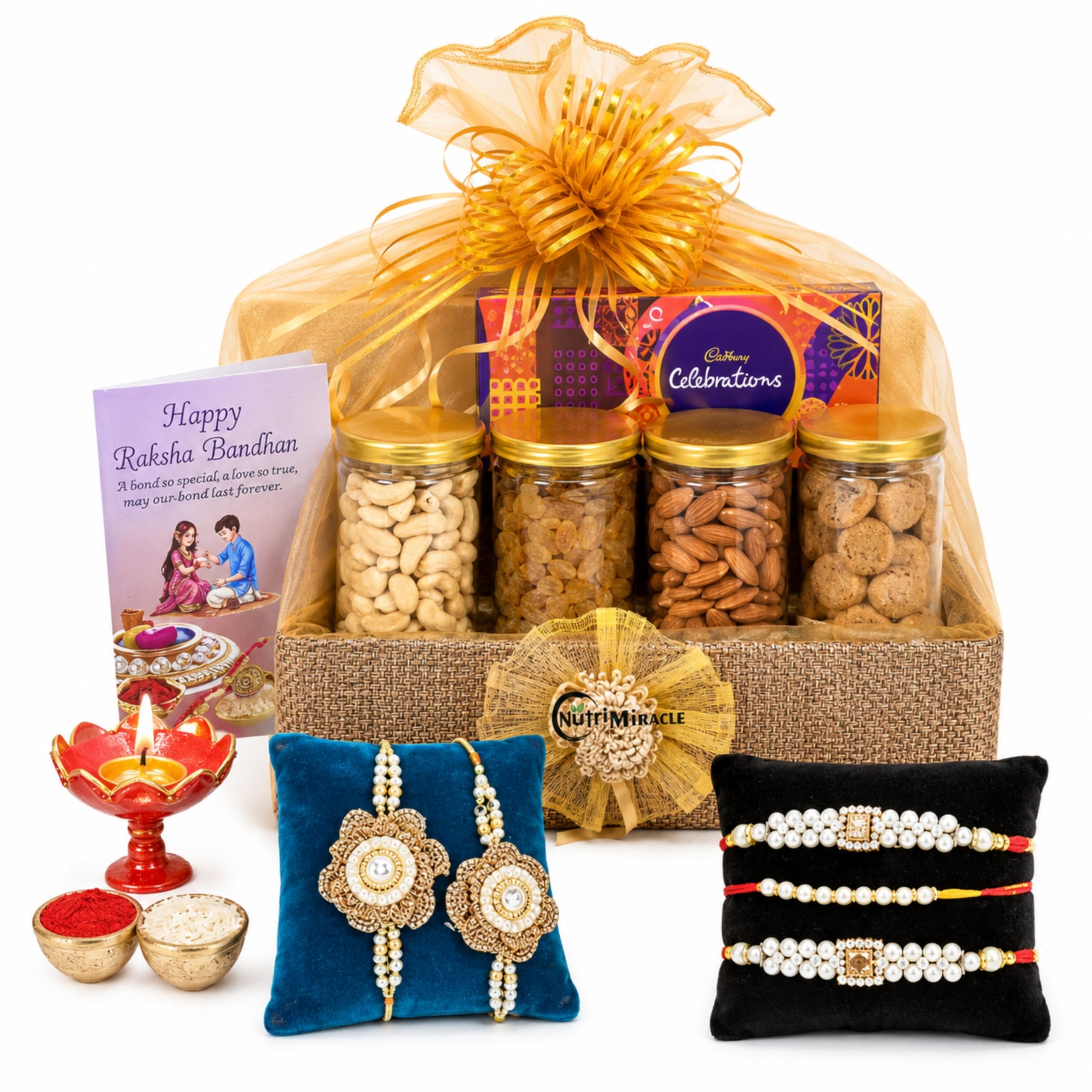 NUTRI MIRACLE Rakhi with Tilak Set & Card | Gift Hamper of 5 Rakhis, Dry Fruits & Chocolates for Bhai-image-6