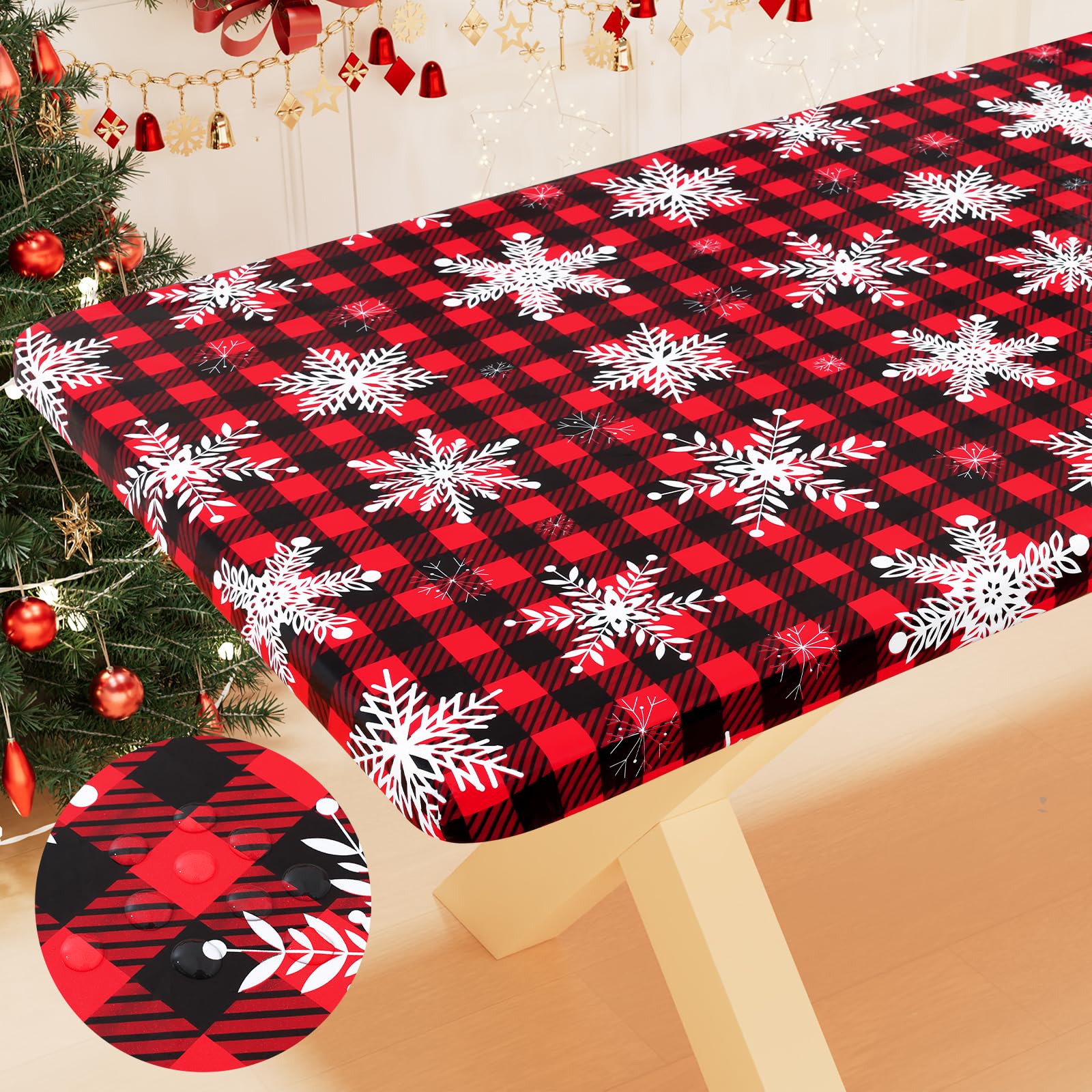 Smiry Plastic Christmas Tablecloth, Buffalo Plaid Waterproof Elastic Fitted Table Covers, Wipeable Flannel Backed Vinyl Tablecloths for Dinner, and New Year Celebration (Black & Red, 30x48 Inches)