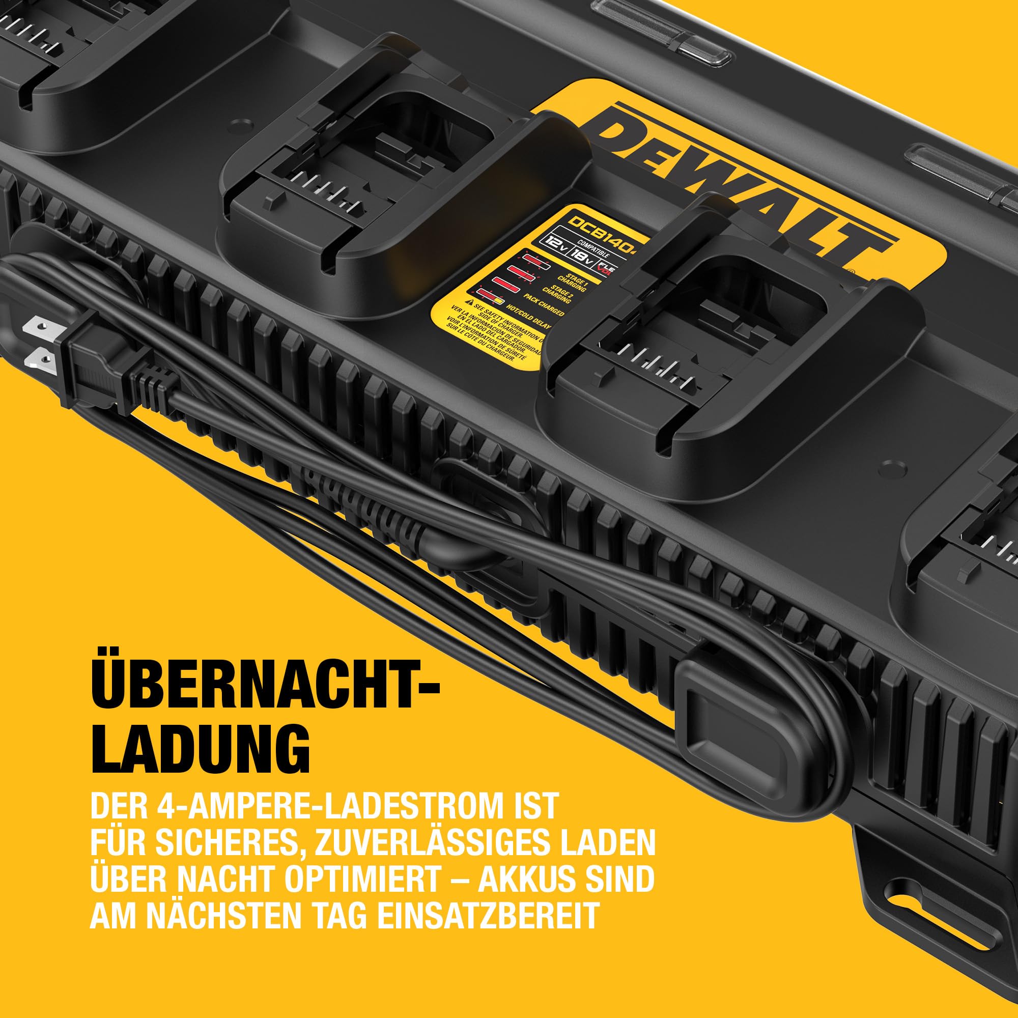 DEWALT XR Quadport-Ladegerät 4A, DCB1404-QW | Quadport-Ladegerät 4A für 4 Akkus 18V XR und 54V FlexVolt mit Lade-LED, Wärmeschutz, Kabelaufwicklung und Wandmontage.
