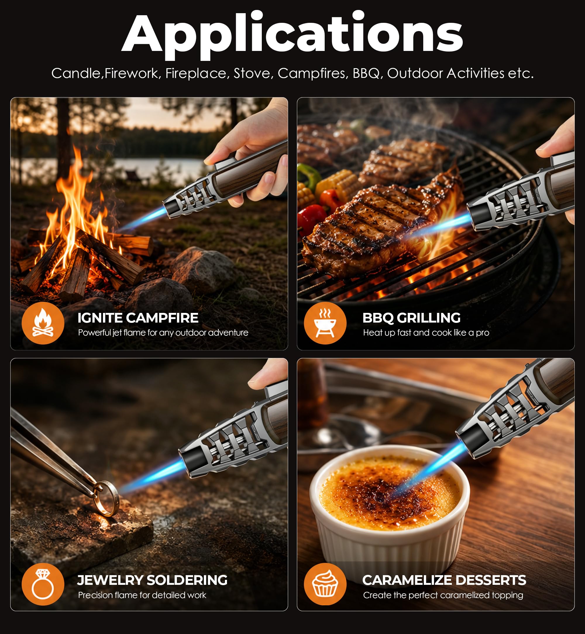 SAMNIU FireSaber - Encendedor solar de butano para cocina, con bloqueo de seguridad, recargable y se adapta a todos los tanques de gas, llama ajustable para postres, pudín de caramelo, parrilla