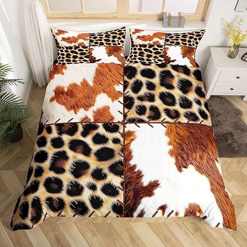 Feelyou Juego de funda de edredón de piel de vaca, juego de ropa de cama con estampado de leopardo para niños y niñas, decoración de piel de animal