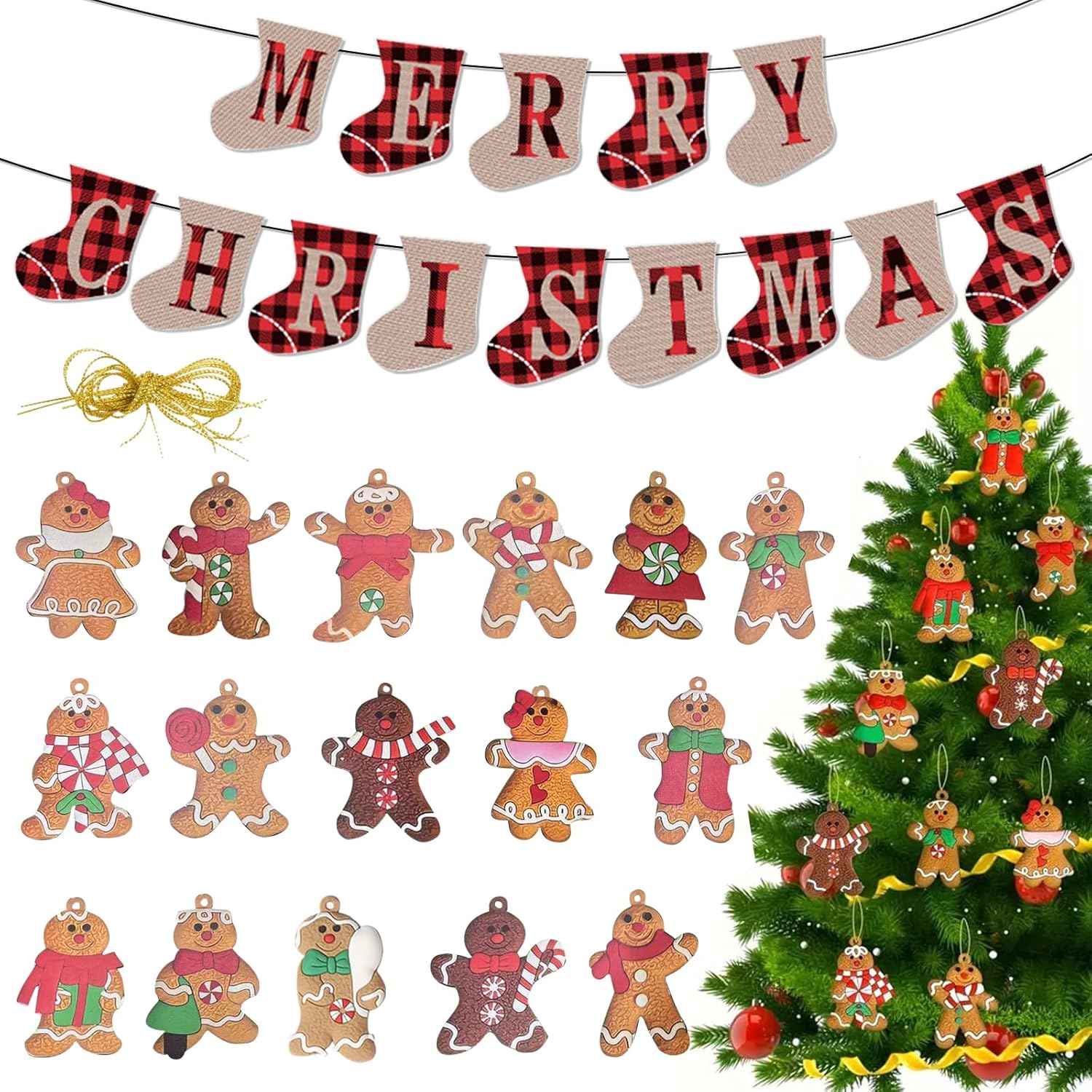 Pack of 16 Gingerbread Man Pendants, Christmas Tree Hanging Ornaments, Merry Christmas Banner, Christmas Tree Decorations for Hanging with Rope, for Home Decoration