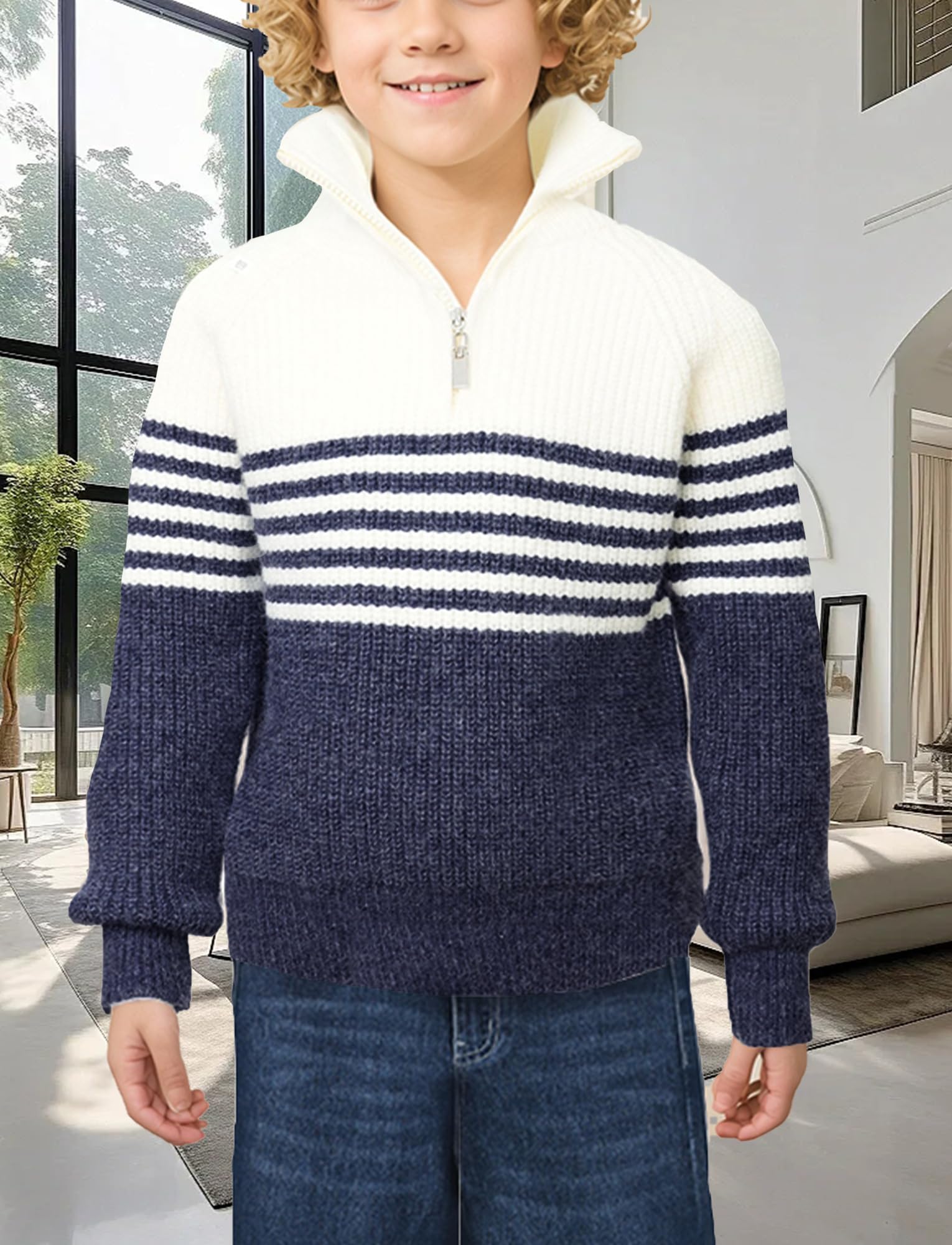 FEOYA Jersey de manga larga para niños con media cremallera a rayas para otoño e invierno Top 5-12 años