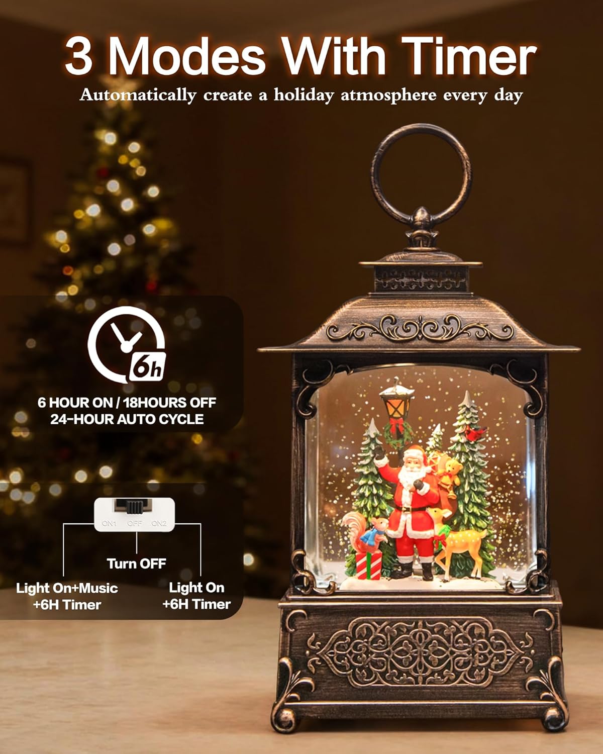 Christmas Snow Globes Light up Snowglobes Christmas Lantern with 8 Songs, 10.43" Christmas Snow Globes for kids adults, 6H Timer & Dual Power, Lighted Christmas Decorations Indoor, Gifts for Women Men - Image 3