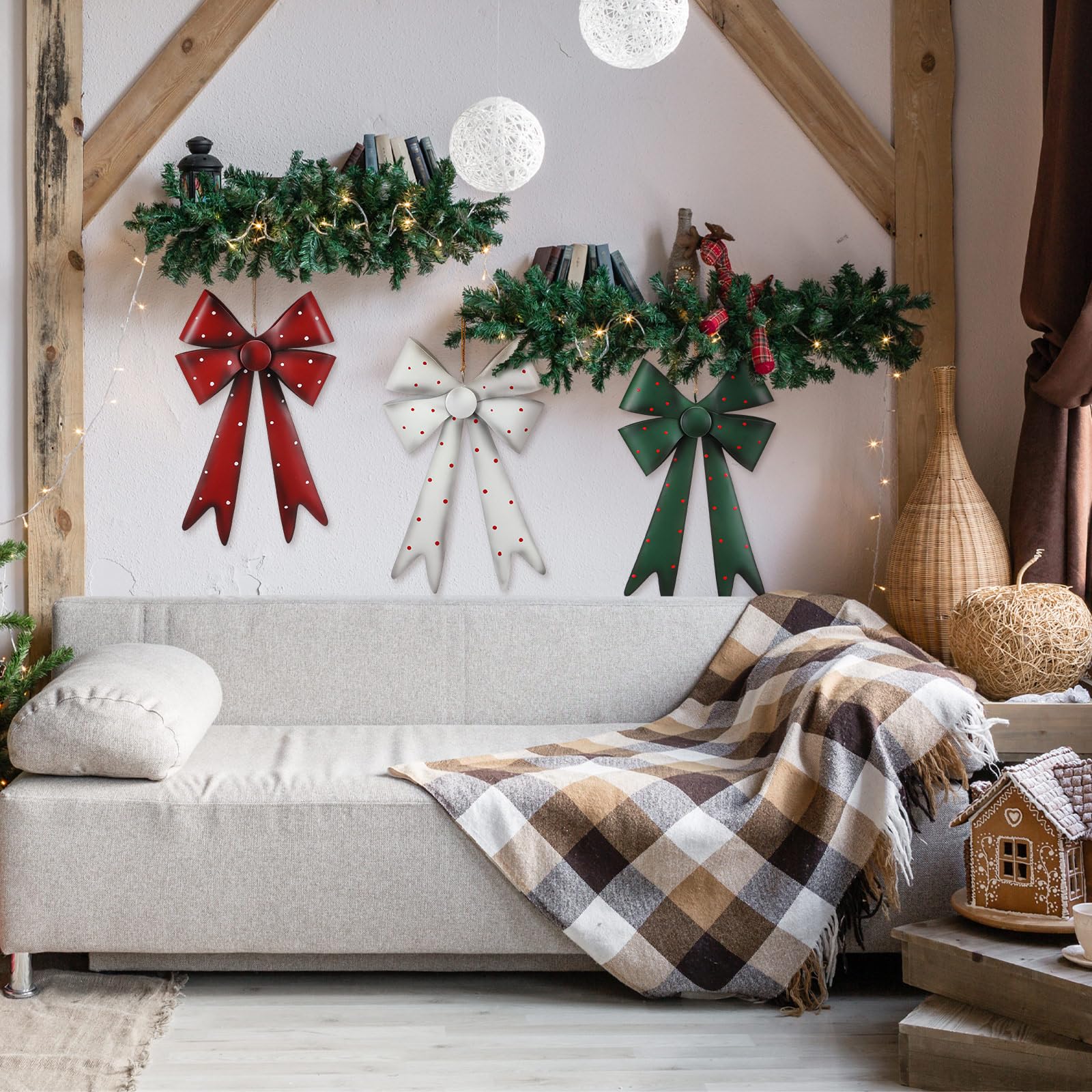 Lot de 3 nœuds de Noël en métal à grands pois - Décoration de sapin de Noël rouge, vert et blanc - Décoration pour guirlande, couronne d'intérieur et d'extérieur