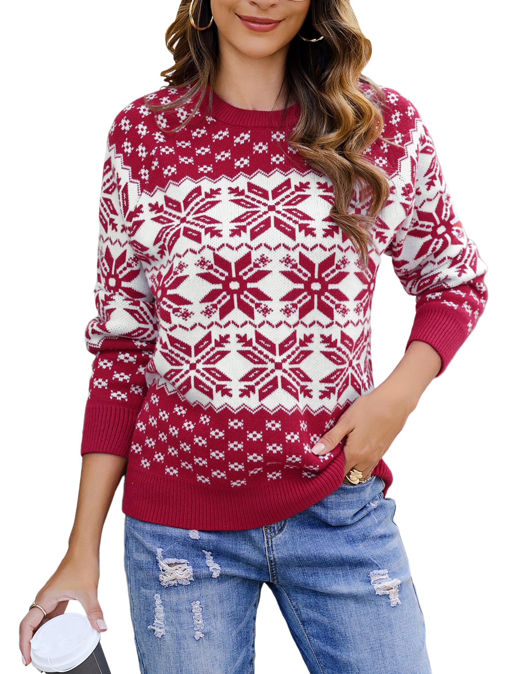 Demegimi Maglioni Natalizi Pullover Natale Maglietta a Manica Lunga Donna Maglione Natalizio Fiocco Neve Alce Girocollo Donna a Maniche Lunghe Maglione Festa Natale