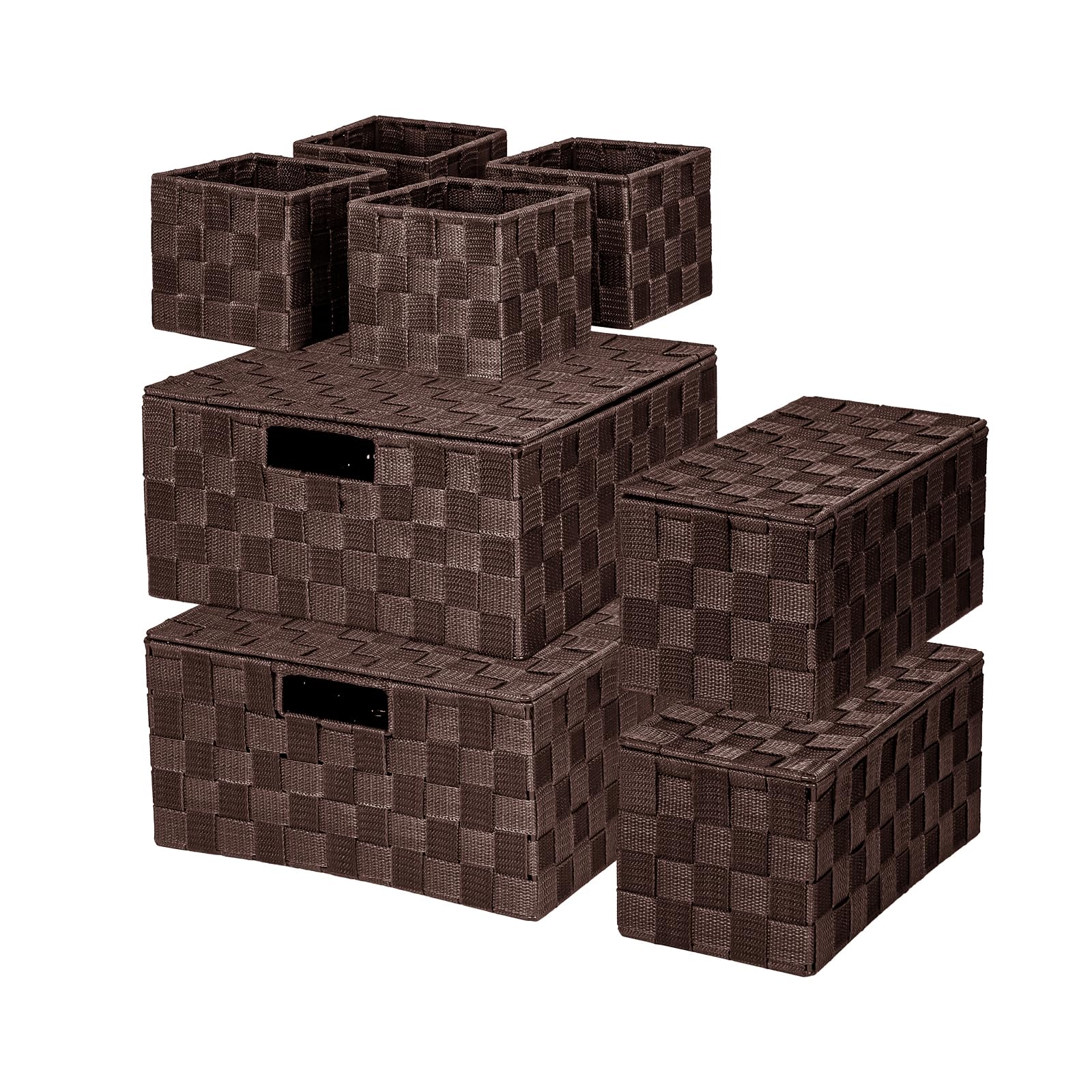BinWhiz Woven Storage Box, Storage Baskets Organizing Bins Woven Basket Cube Organizer, Multi-size Hand-woven Storage Container for Bathroom, Cabinet, Shelf, Pantry, Dresser, Set of 8 (Brown)