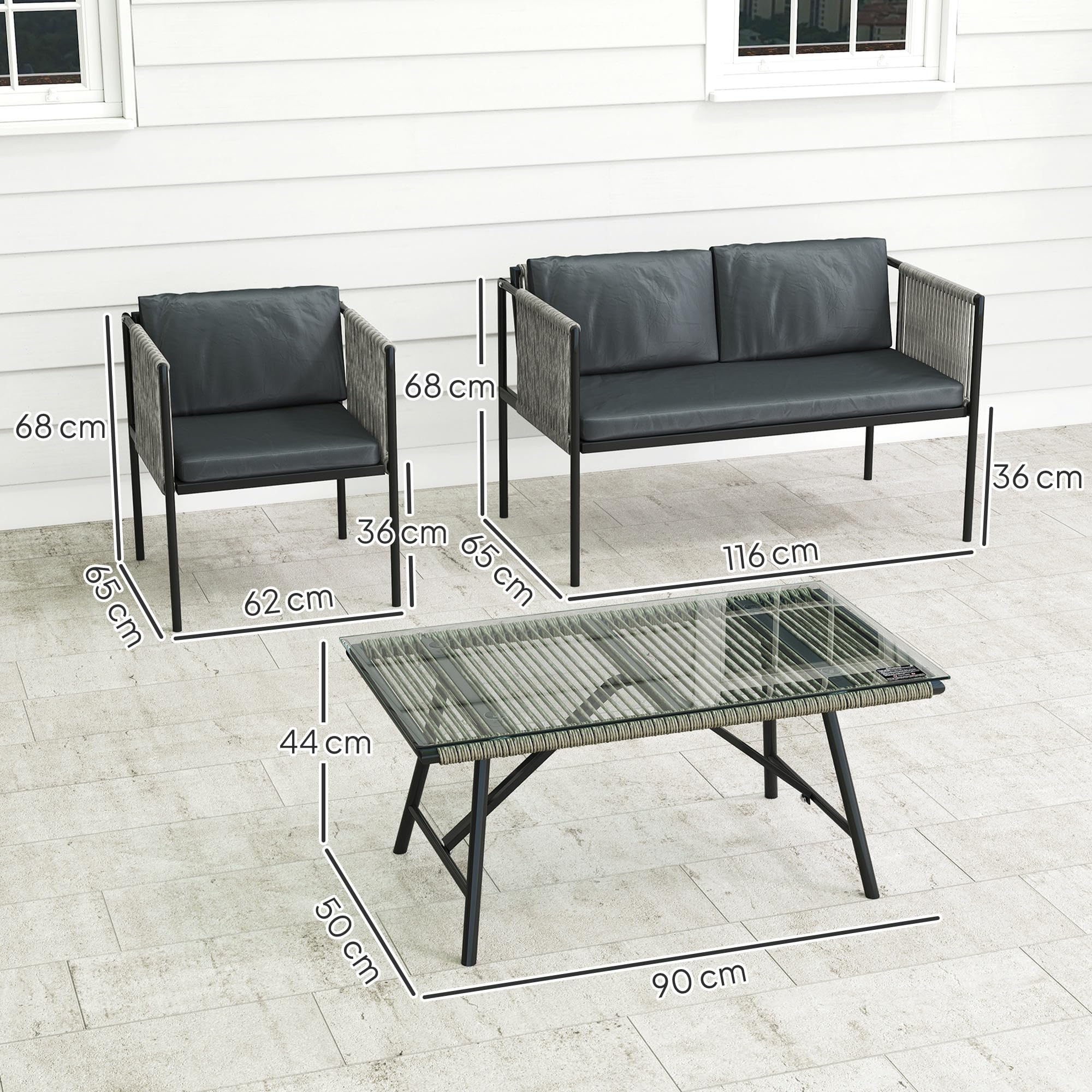 Outsunny Set di Mobili da Giardino in Rattan 4 Pezzi, Salotto da Esterno con Divano a 2 Posti, 2 Poltrone da Esterno, Tavolino da Caffè in Vetro e Cuscini Lavabili, Struttura in Acciaio, Nero/Grigio