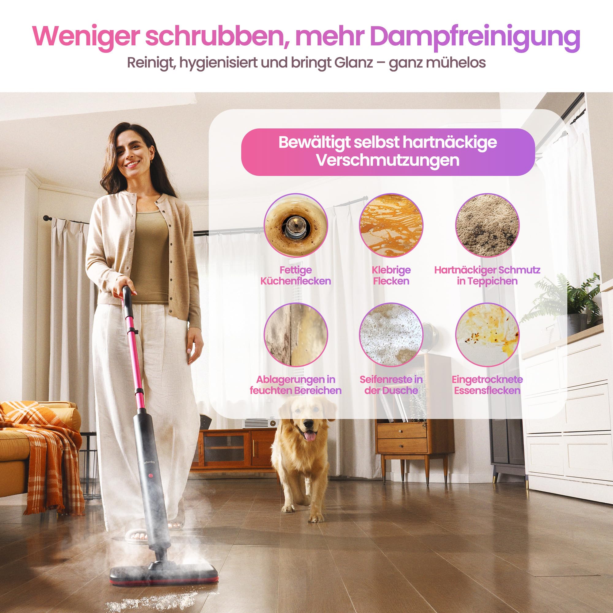 Schenley Leichter Dampfmopp für Hartböden & Teppiche | Dampfstufen, 10 Sek. Aufheizen, 120 °C Dampf, Bis zu 37 Min., 6 m Kabel, Kabelaufwicklung, Freistehend, Chemiefrei