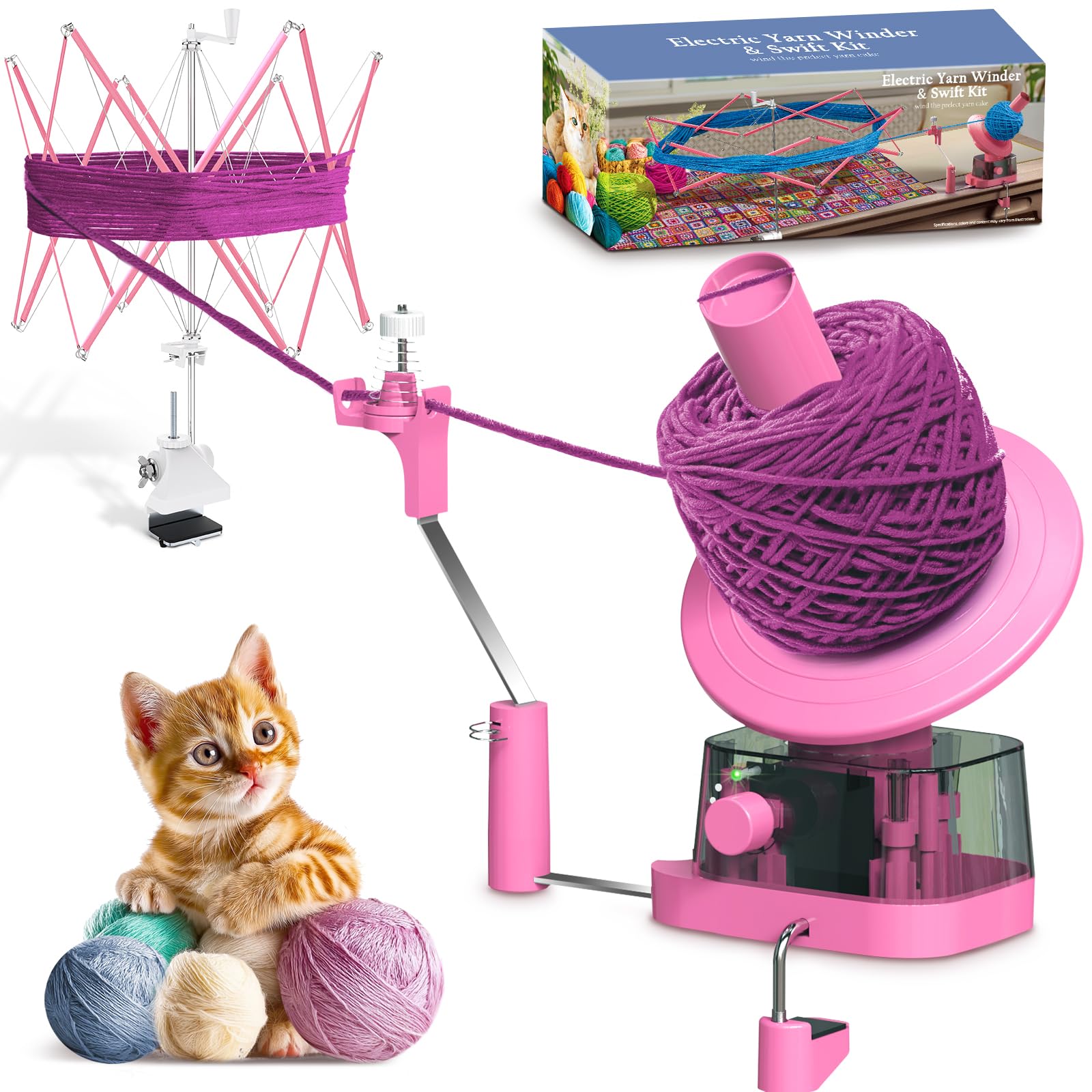 Yarn Winder and Swift, Electric Yarn Ball Winder &amp; Swift Combo for Crocheting, Efficiently Cake with Strong Tension Adjustable Speed Up to 13 oz, Yarn Spinner Wool for Knitting Enthusiast (Pink)
