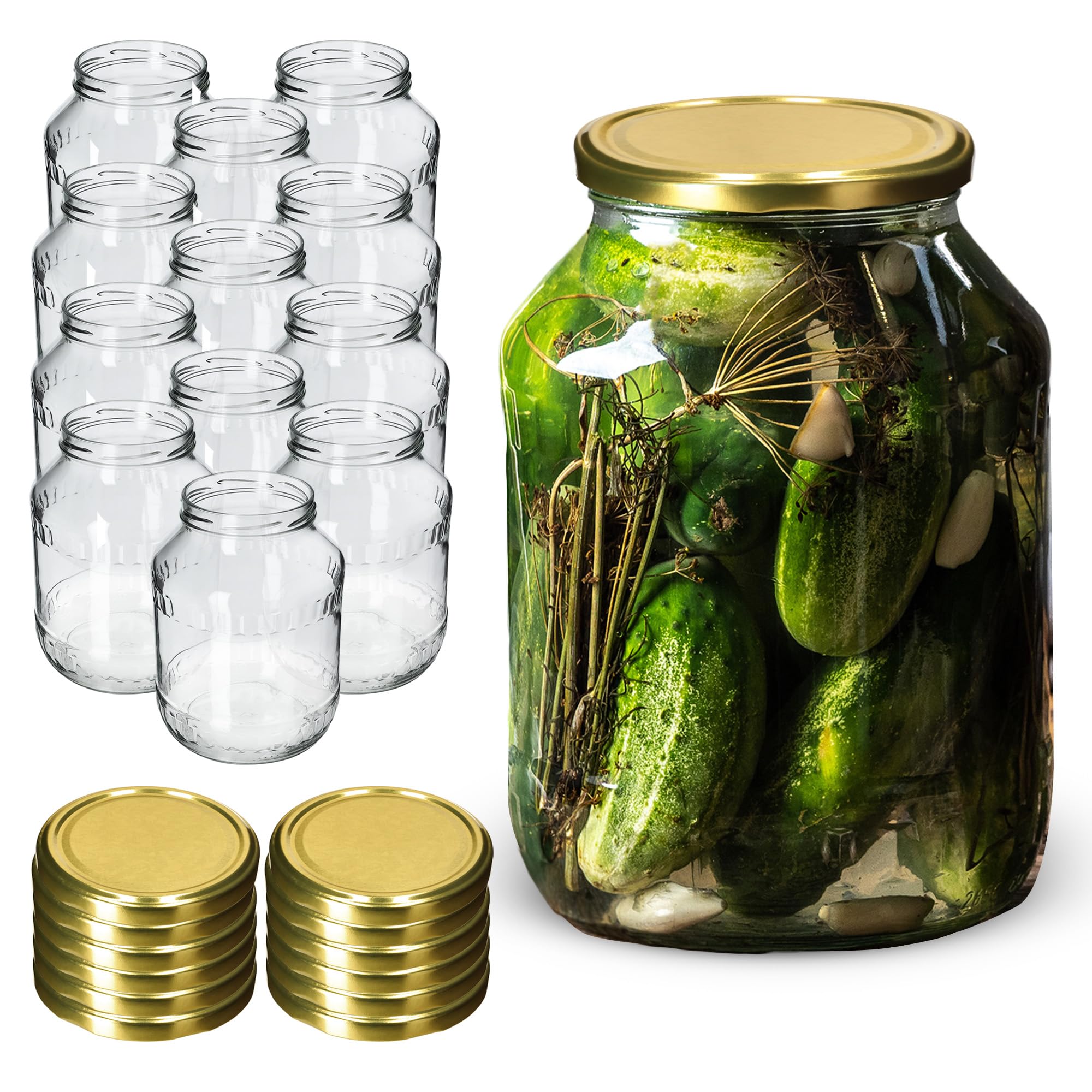 KADAX Tarros de cristal de 2,5 L, para conservas, fi100 mm, tarros de conserva, tarros de pepino, tarros redondos, tarros de conservas (12 unidades, tapas doradas)