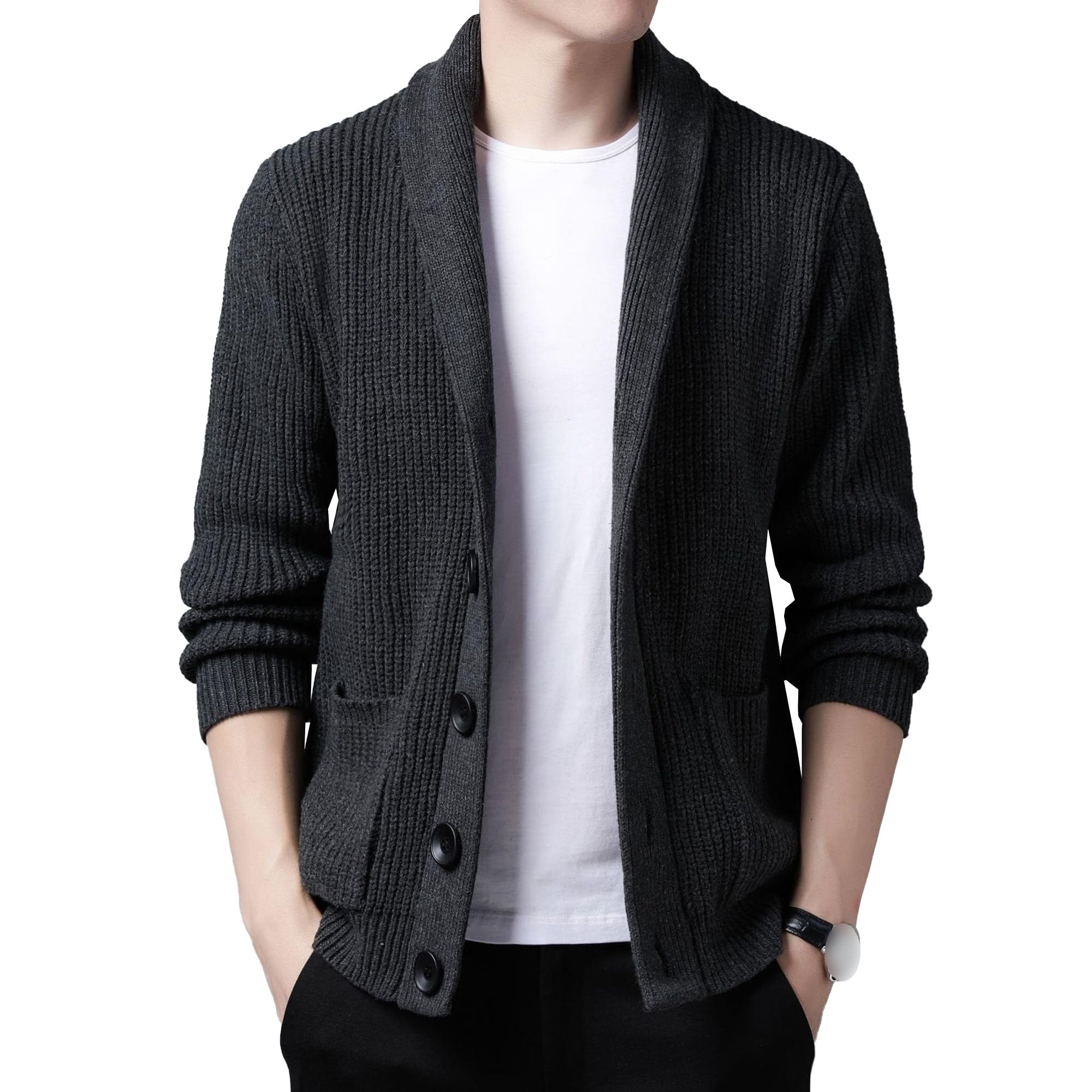 Men's Solid Color Button Cardigan Sweater Casual Soft Warm Coats with Pockets Stylish Fit Long Sleeves Sweatshirt (XX-Large,Black Gray 2)