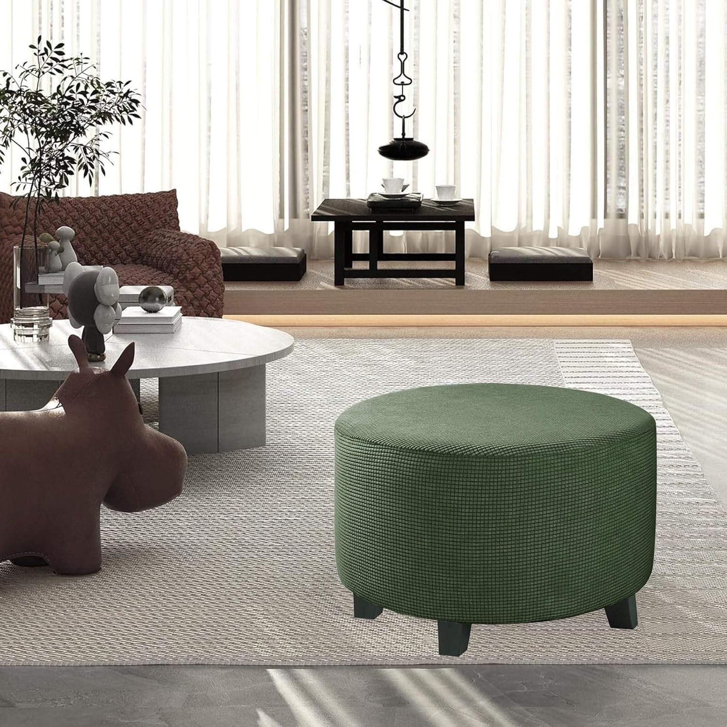 Round Ottoman Covers Slipcover Stretch 24 30 36 28 in - Small/Large/Extra Large Stool Covers Slipcovers Footstool Protector Covers with Elastic Bottom(Dark Green,41" D x 41" W x 18" H)