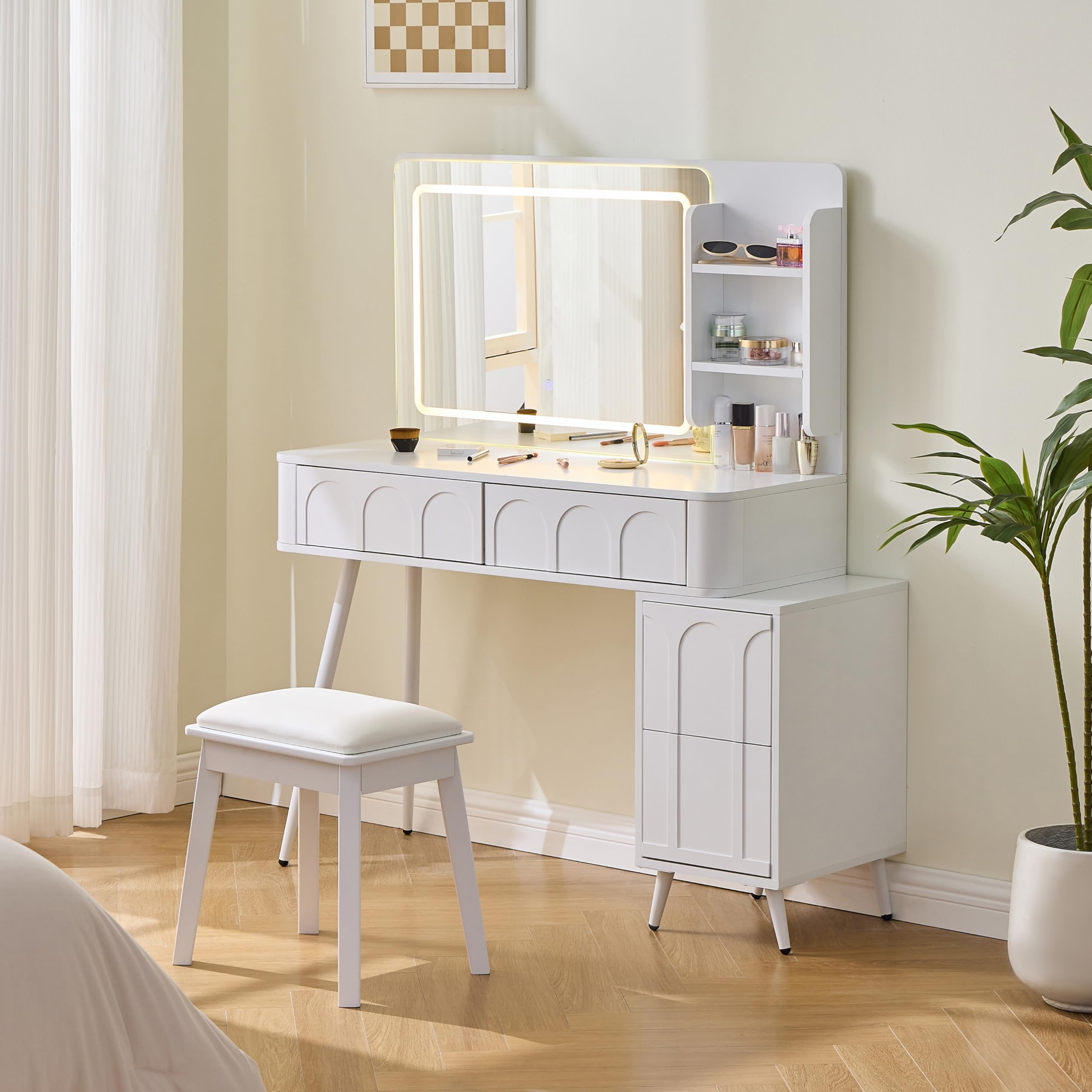 JIVOIT Modern Makeup Vanity Desk with Mirror, Dressing Table Set with Stool, Unique Fluted Waveform Panels, Space-Saving Vanity Set with 4 Drawer, Strong Metal Legs, Easy Assembly (White//3)