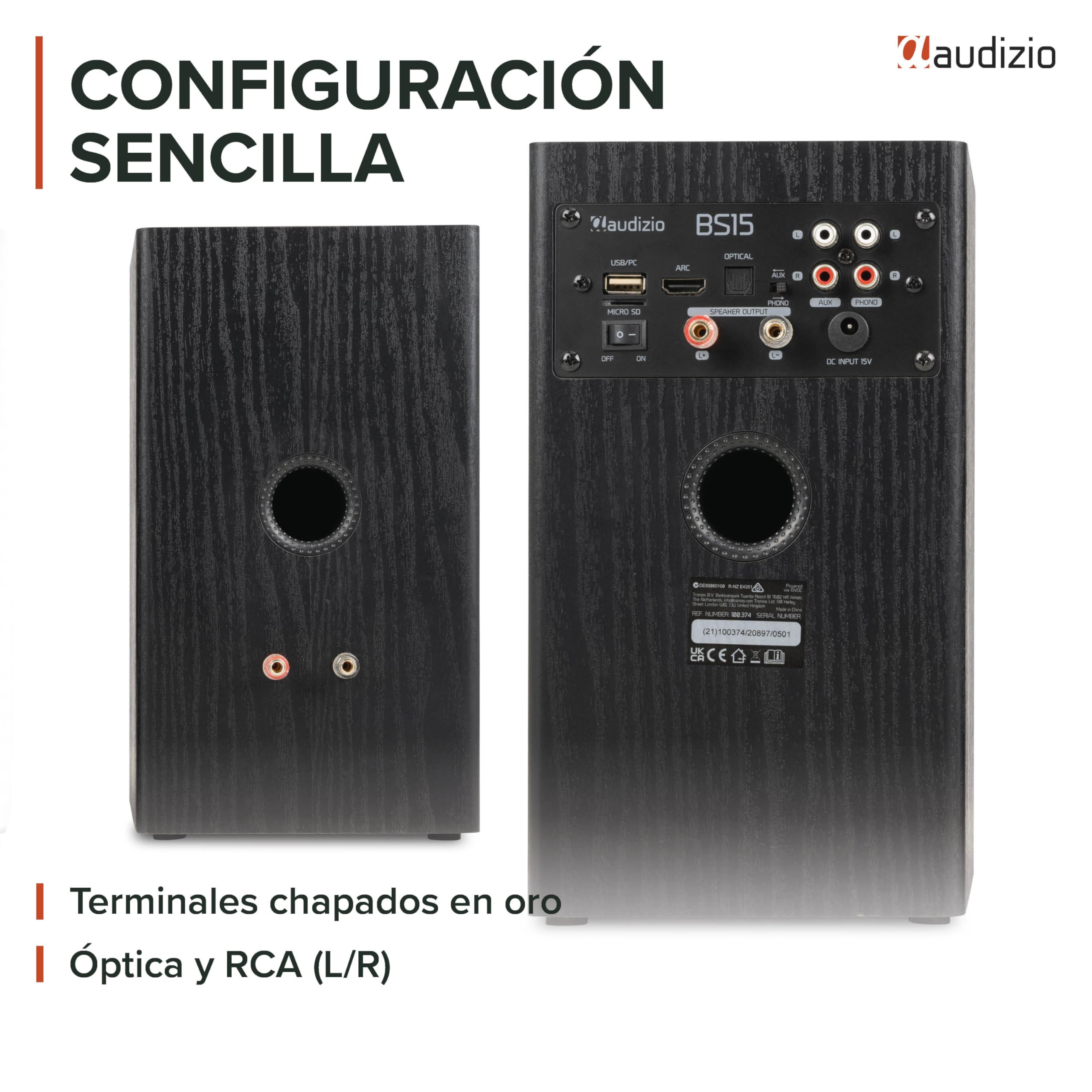 Audizio BS15 – Altavoces Activos de estantería 60W con Bluetooth 5.3, HDMI ARC, RCA, USB y MicroSD, Equipo HiFi para casa, Home Cinema y Altavoces para Tocadiscos Vinilo y Ordenador, Color Negro