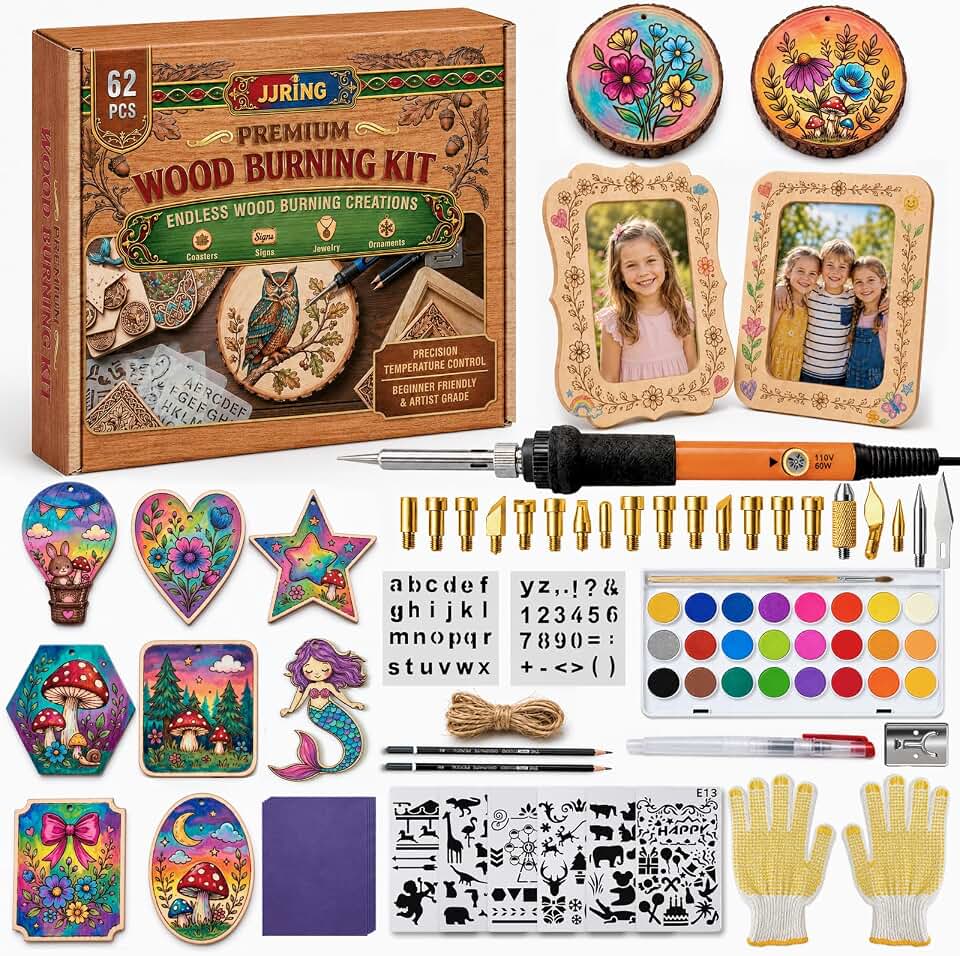 JJRING Wood Burning Kit - 62PCS Professional Wood Burning Tool With Adjustable Temperature Pyrography Pen, 24-Color Paint Set, Wood Slices &amp; Stencils, Complete Wood burner Crafts Kit For Beginners