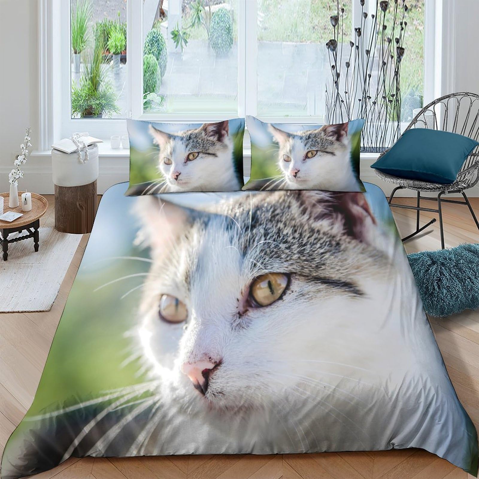 XFKLYNVCJ 3D Printed Cat portrait Duvet Cover Breathable Fabric Wildlife photography style Bed Cover Quick Drying Hypoallergenic for Uni Dorm Student Rental Apartment Bedroom Use Single（140x200cm）