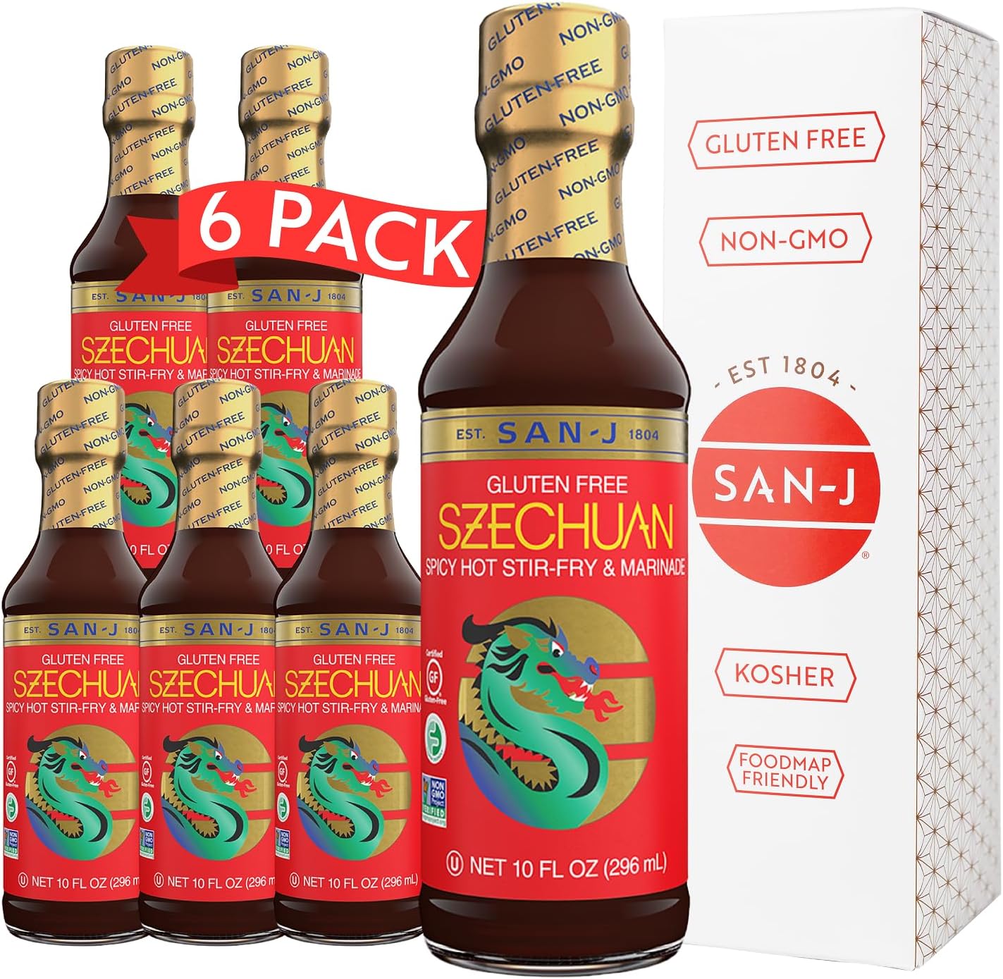San-J - Spicy Gluten Free Szechuan Sauce - Non-GMO - 10 oz. Bottles - 6 Pack