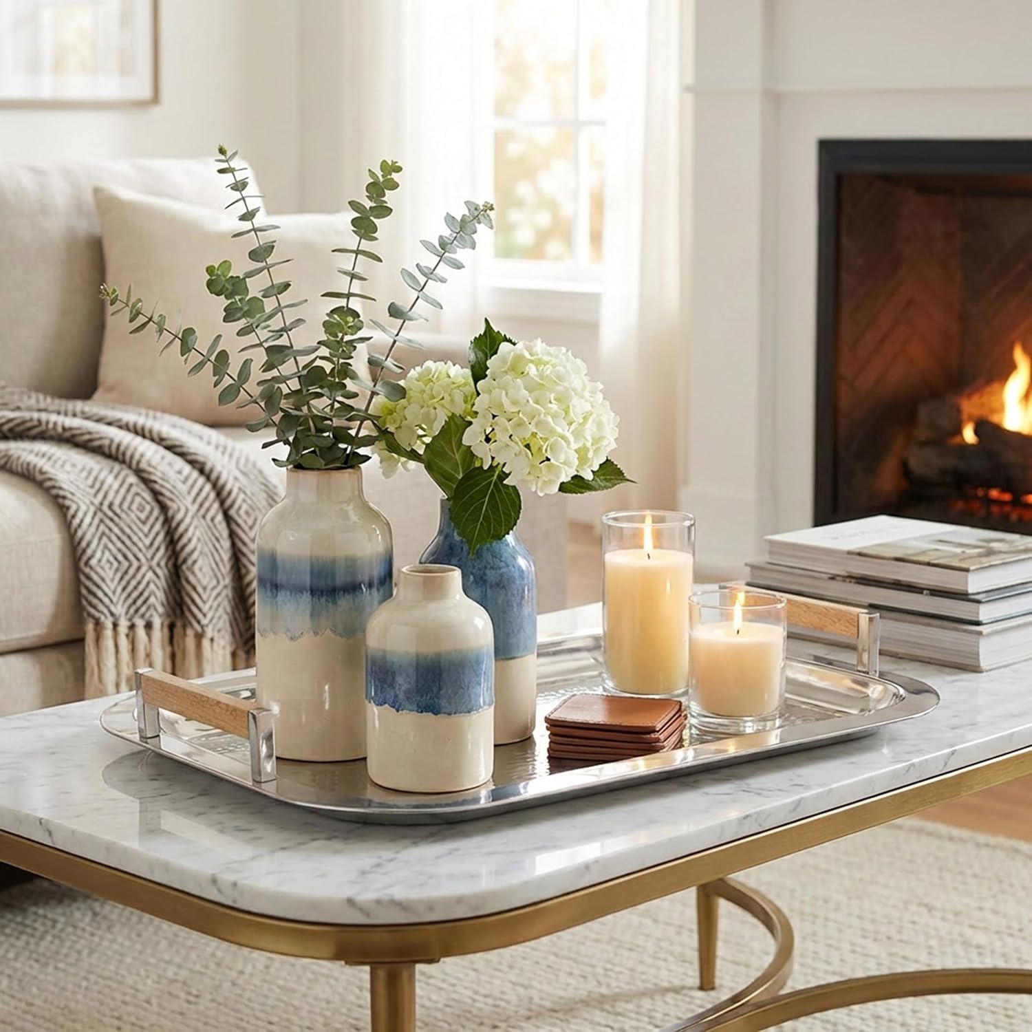 Decorative Silver Tray by Objet D’Art, Verona Beaufort Round Bar Tray for Living Room, Ottoman and Coffee Table, Trays for Candles, Liquor, and Centerpieces