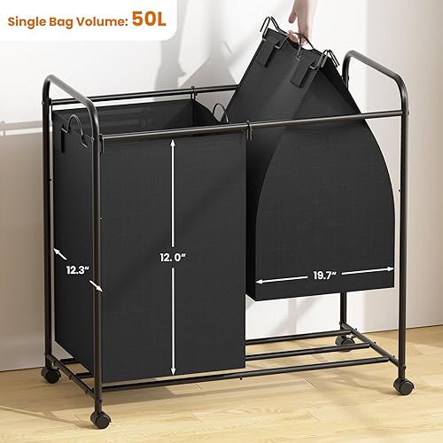 Miniatura 3 de Carrito clasificador de ropa sucia sellado de 100 litros, cesta de lavandería doble con ruedas, cesta de lavandería enrollable con tapa, resistente